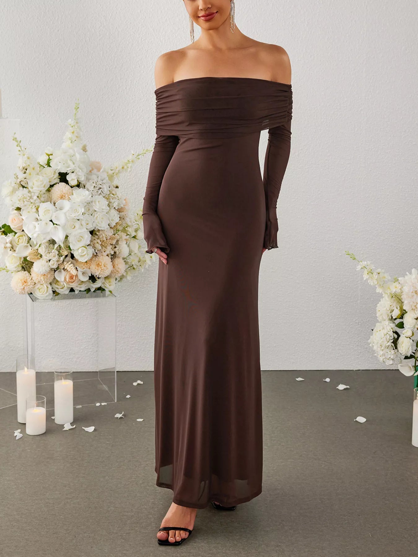 Off-Shoulder Ruched Long Sleeve Maxi Dress - Lara Moda
