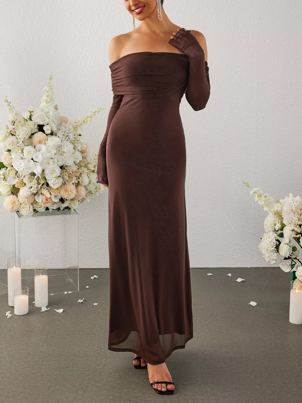 Off-Shoulder Ruched Long Sleeve Maxi Dress - Lara Moda