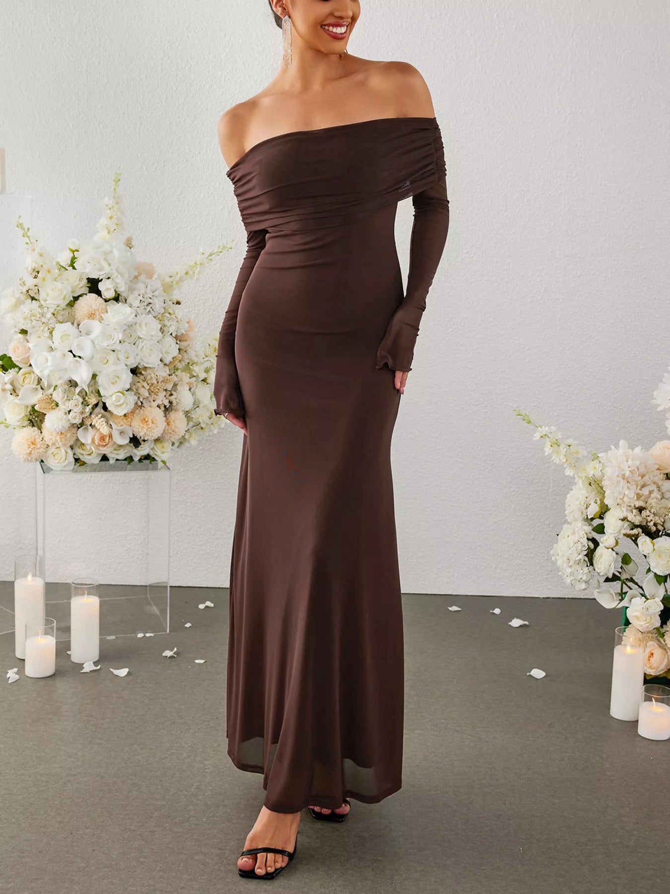 Off-Shoulder Ruched Long Sleeve Maxi Dress - Lara Moda