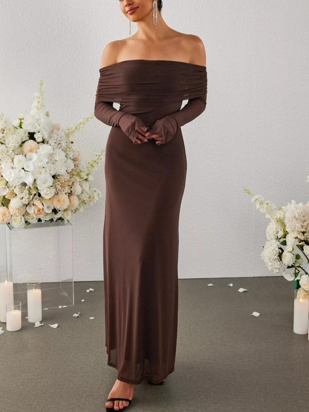 Off-Shoulder Ruched Long Sleeve Maxi Dress - Lara Moda