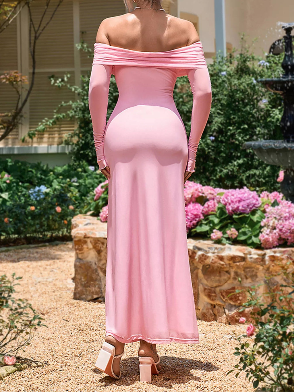 Off-Shoulder Ruched Long Sleeve Maxi Dress - Lara Moda