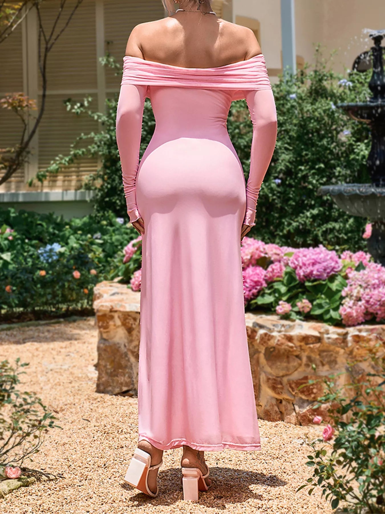Off-Shoulder Ruched Long Sleeve Maxi Dress - Lara Moda