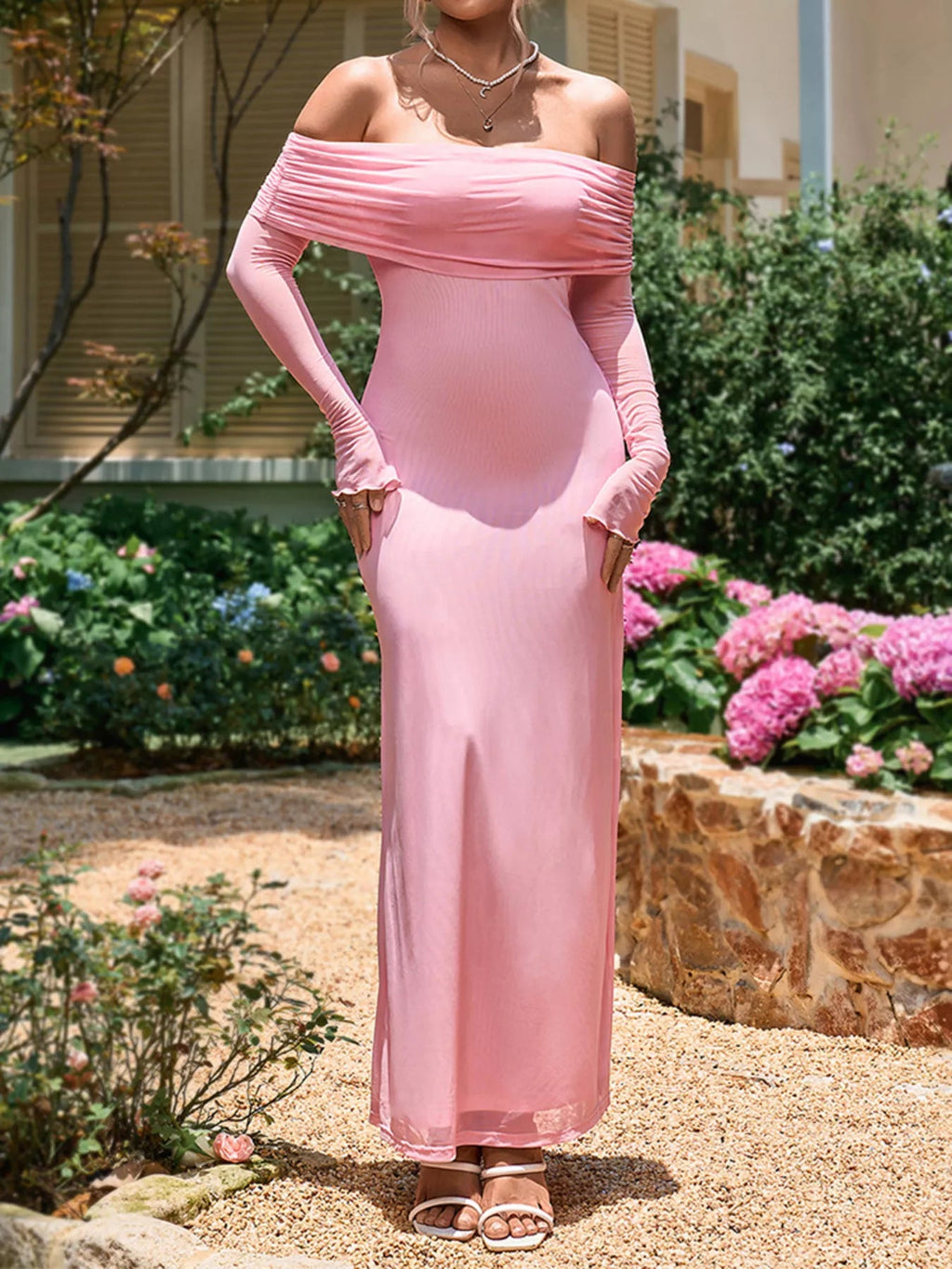 Off-Shoulder Ruched Long Sleeve Maxi Dress - Lara Moda