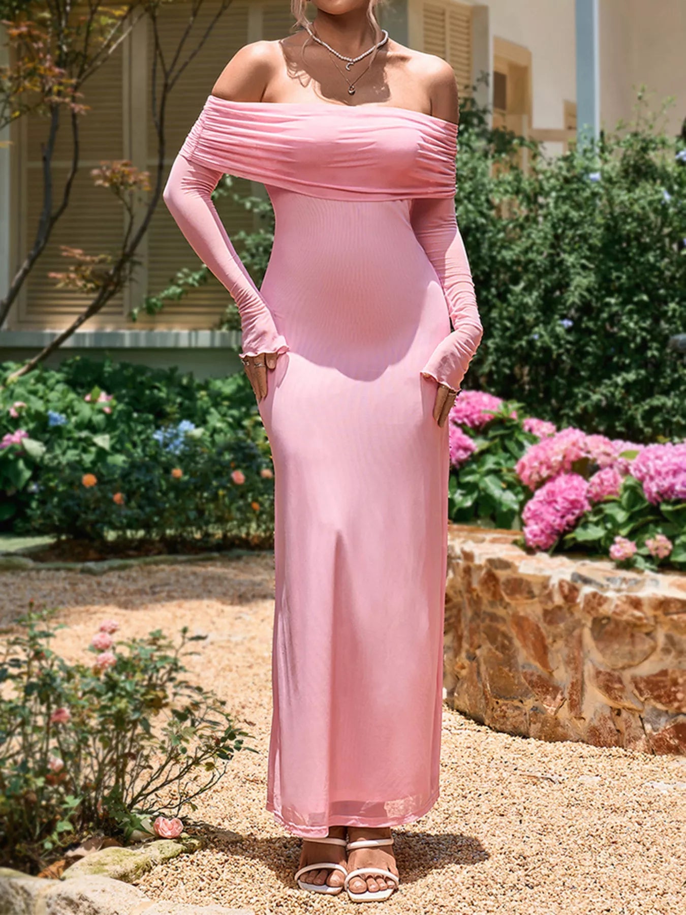 Off-Shoulder Ruched Long Sleeve Maxi Dress - Lara Moda