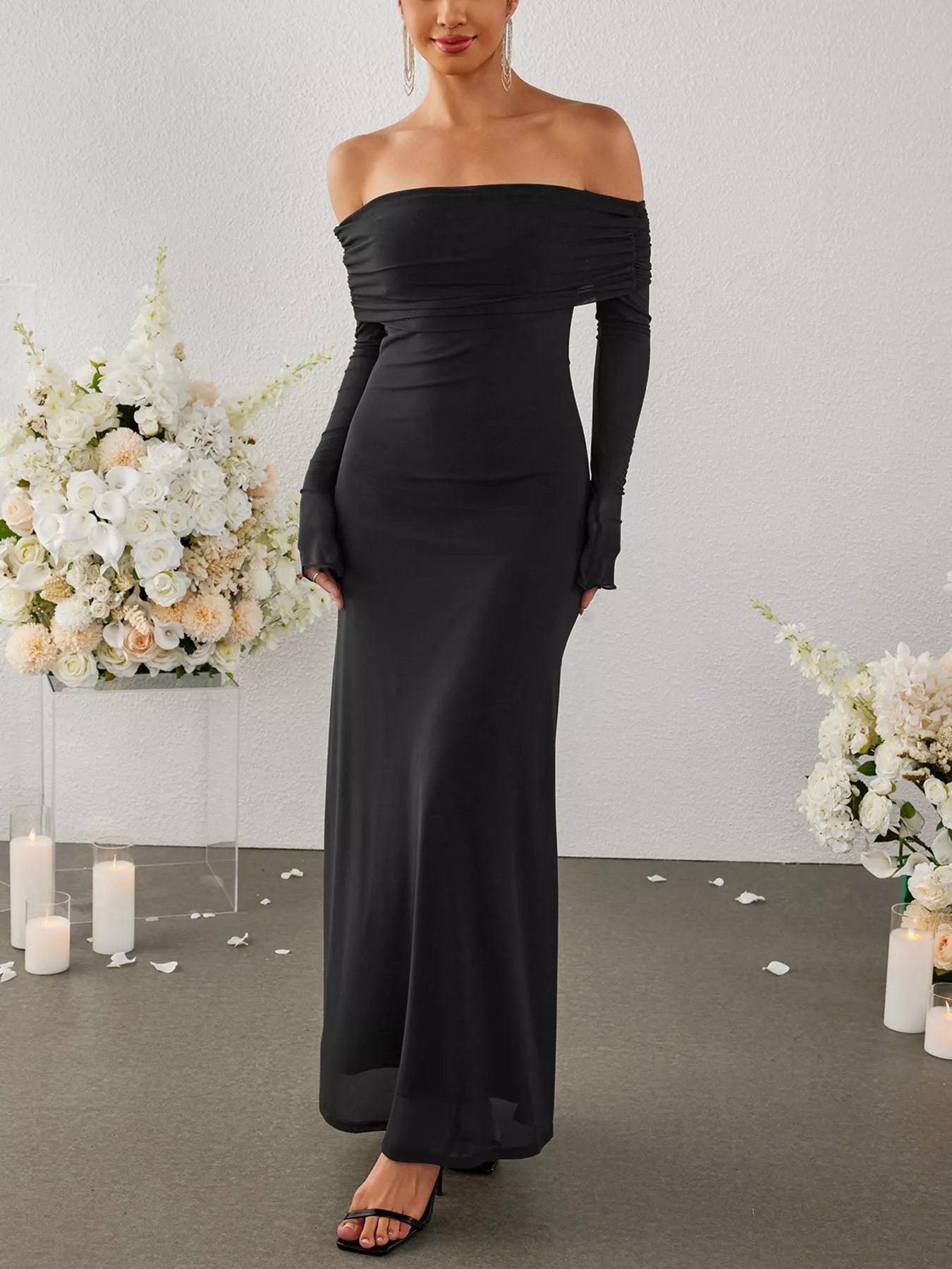 Off-Shoulder Ruched Long Sleeve Maxi Dress - Lara Moda