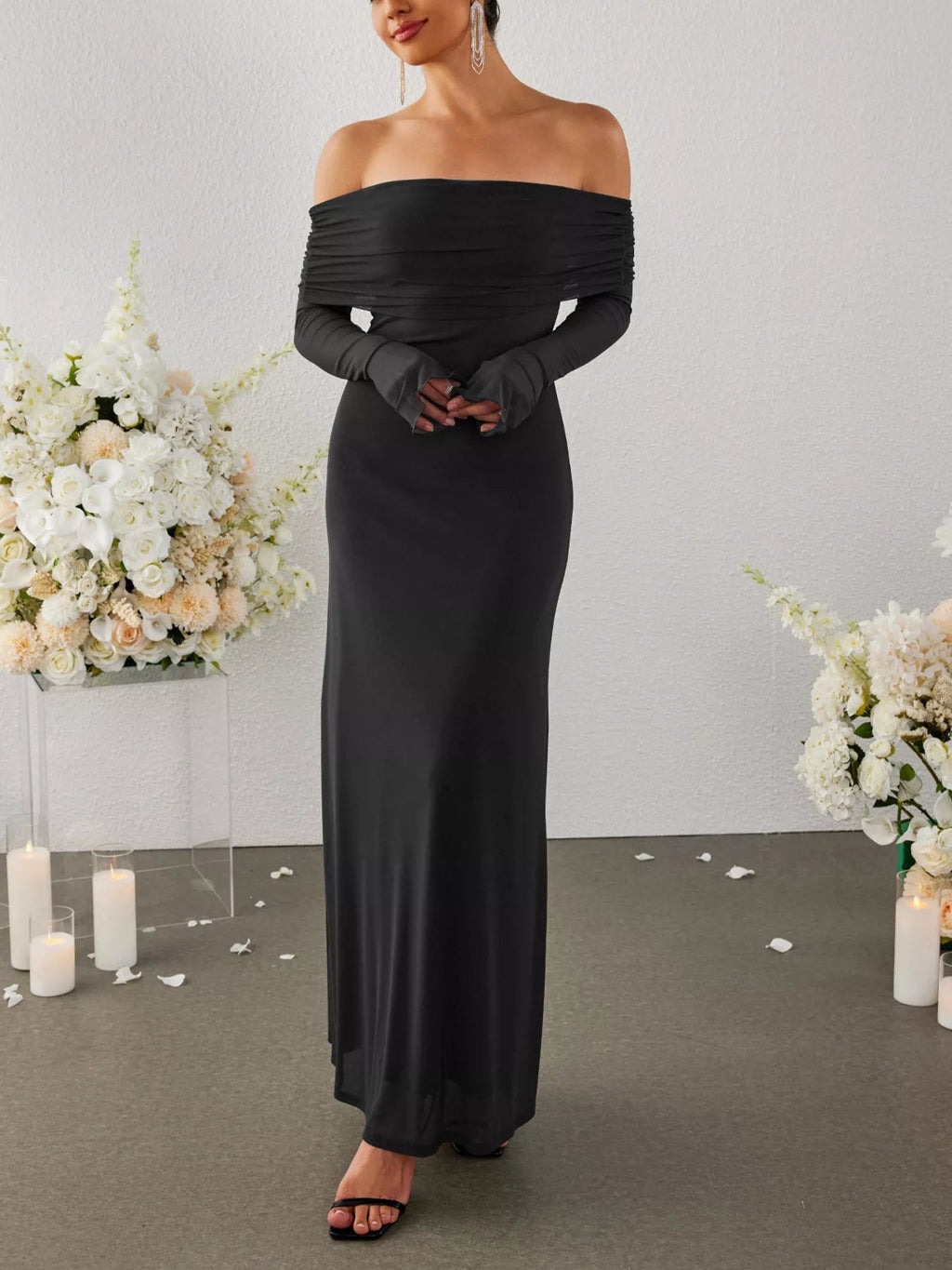 Off-Shoulder Ruched Long Sleeve Maxi Dress - Lara Moda