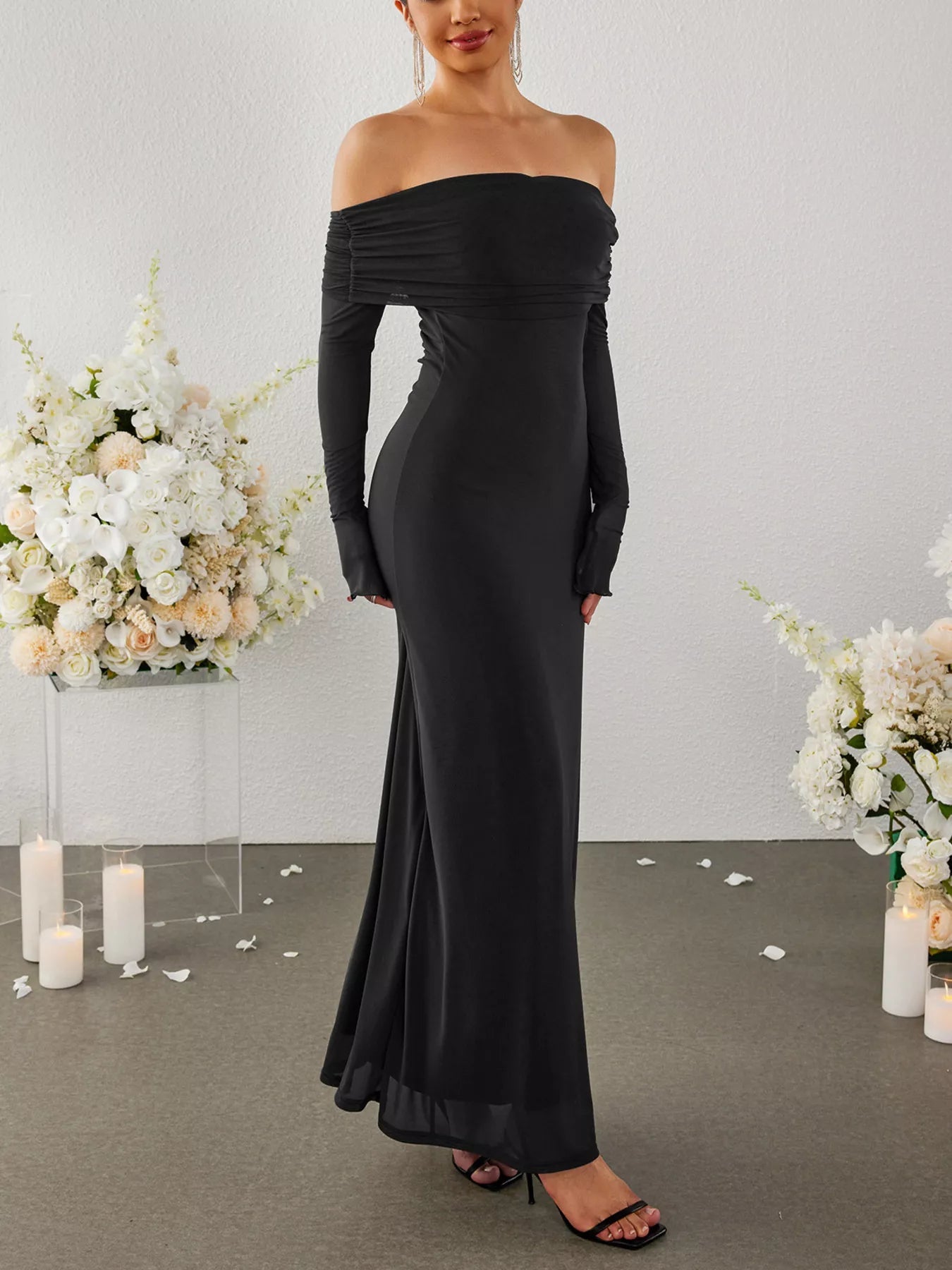 Off-Shoulder Ruched Long Sleeve Maxi Dress - Lara Moda