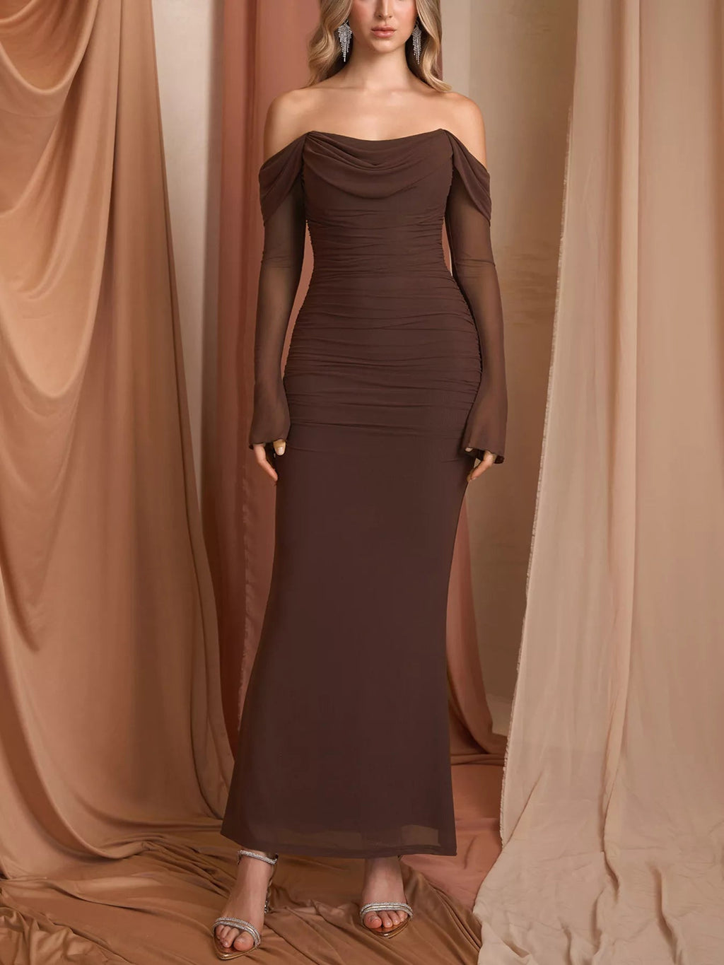 Off-Shoulder Ruched Mermaid Maxi Dress - Lara Moda