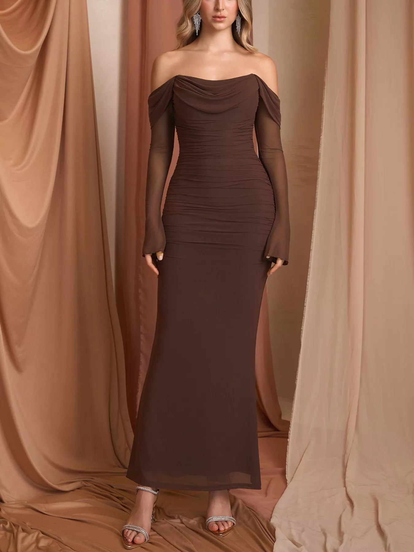 Off-Shoulder Ruched Mermaid Maxi Dress - Lara Moda