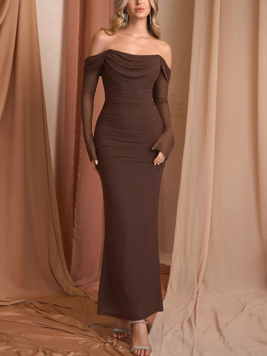 Off-Shoulder Ruched Mermaid Maxi Dress - Lara Moda