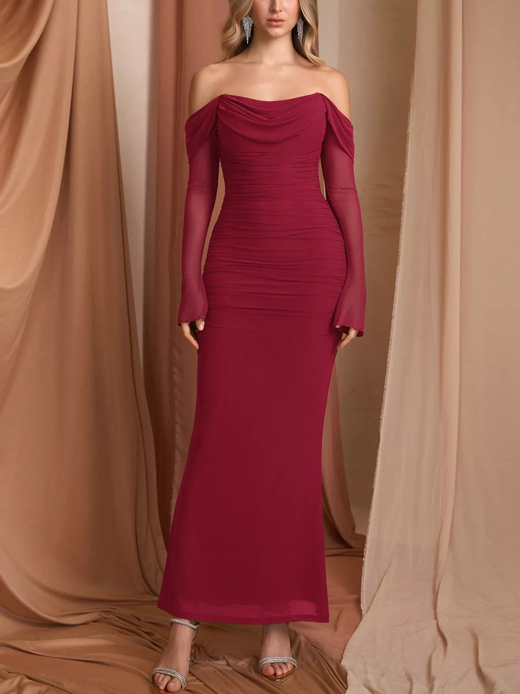 Off-Shoulder Ruched Mermaid Maxi Dress - Lara Moda