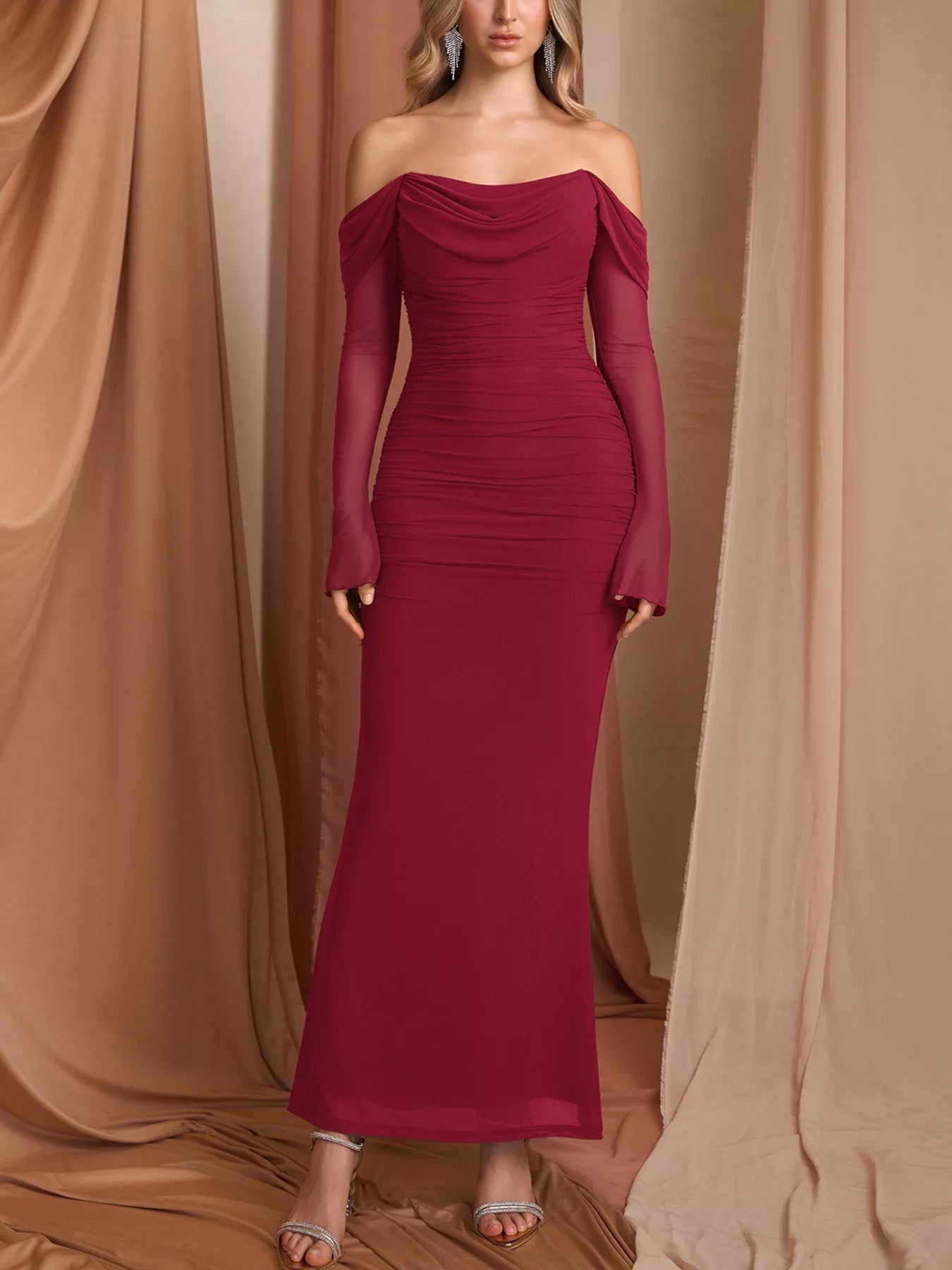 Off-Shoulder Ruched Mermaid Maxi Dress - Lara Moda