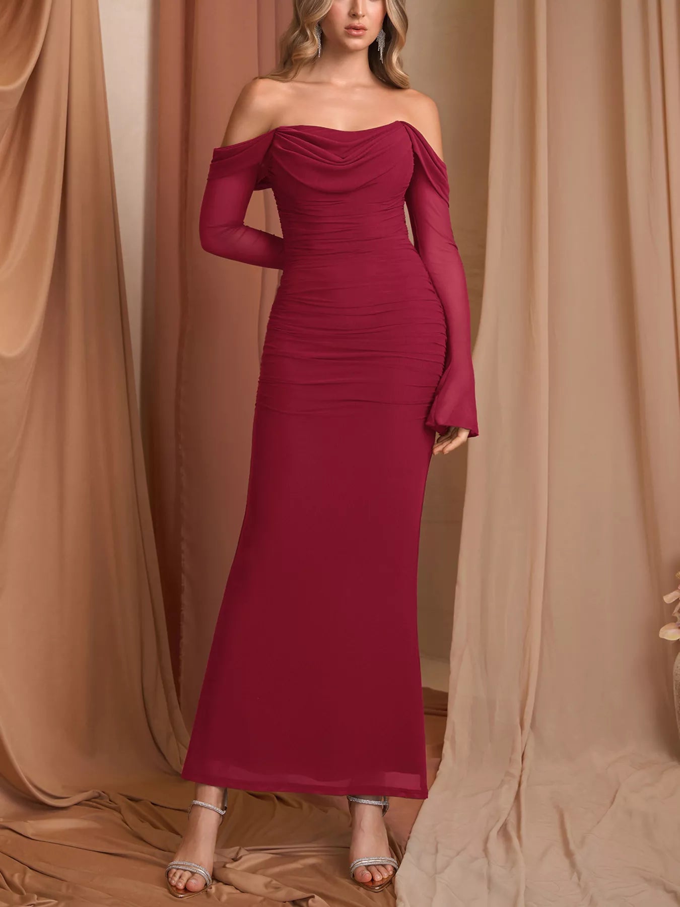 Off-Shoulder Ruched Mermaid Maxi Dress - Lara Moda