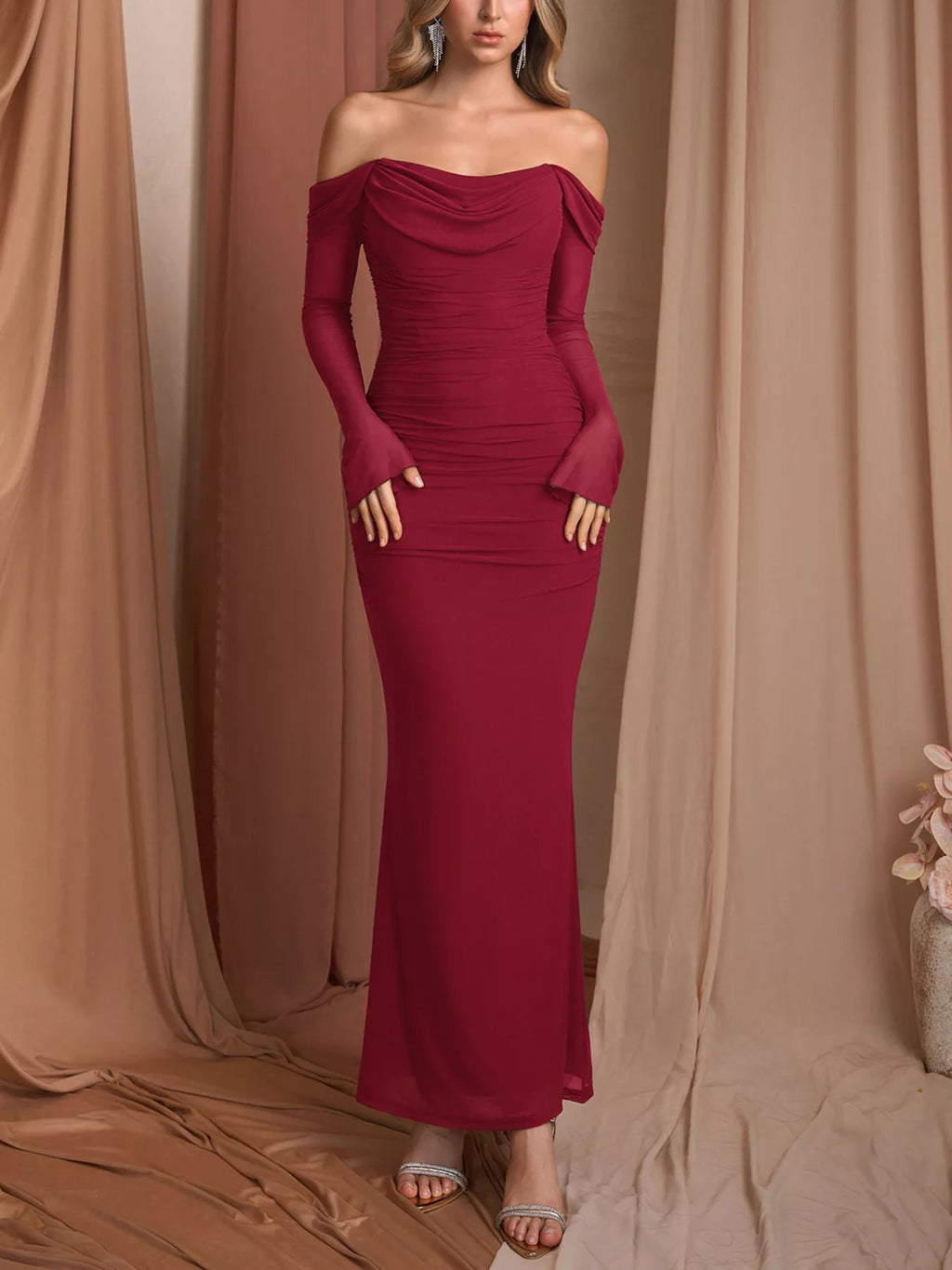 Off-Shoulder Ruched Mermaid Maxi Dress - Lara Moda