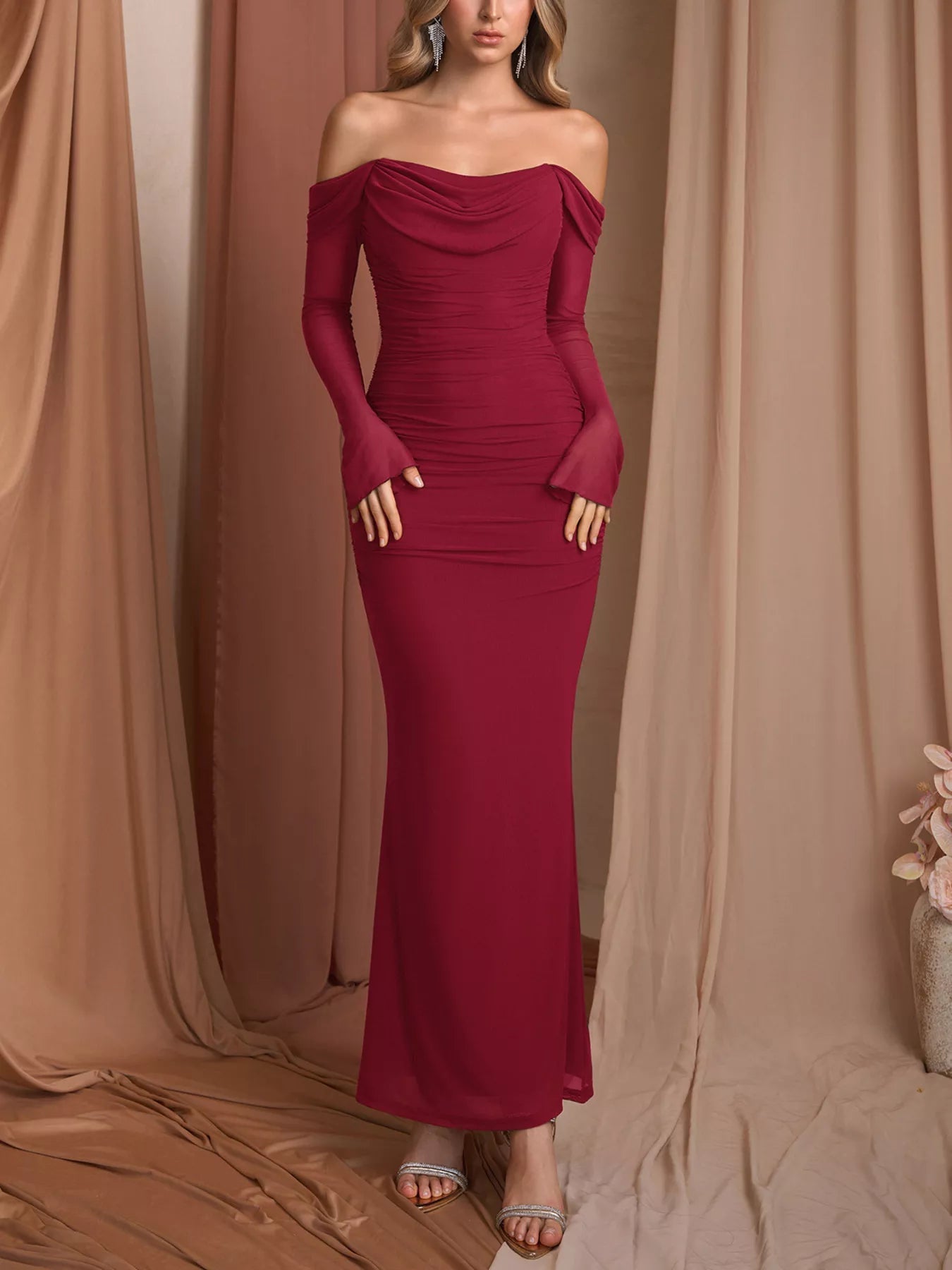 Off-Shoulder Ruched Mermaid Maxi Dress - Lara Moda