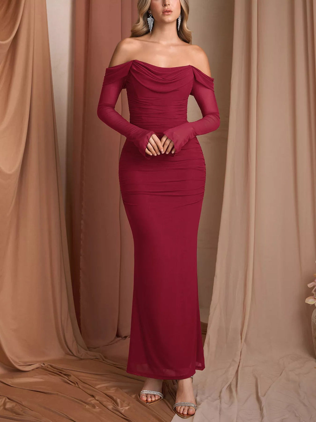 Off-Shoulder Ruched Mermaid Maxi Dress - Lara Moda
