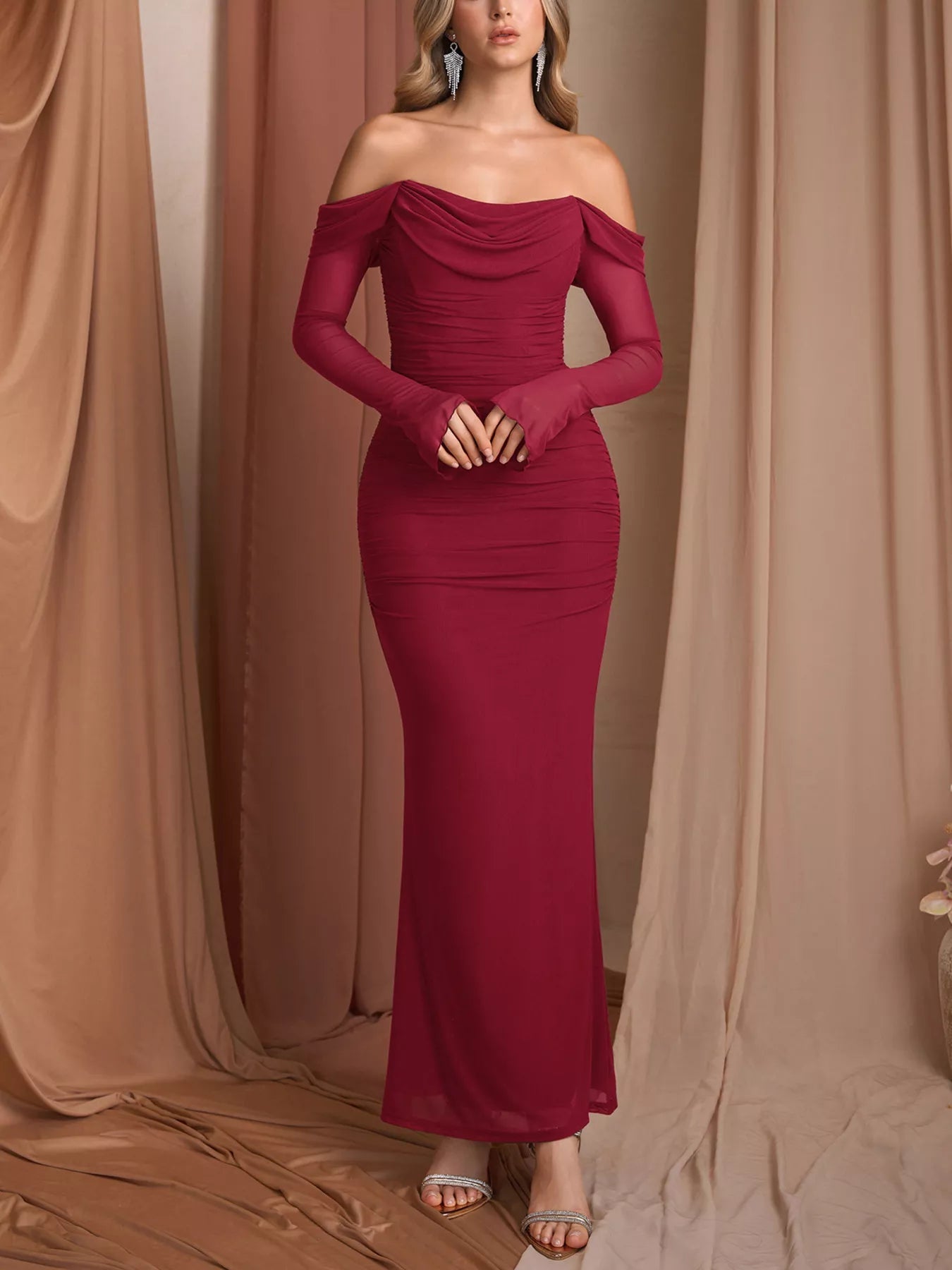 Off-Shoulder Ruched Mermaid Maxi Dress - Lara Moda
