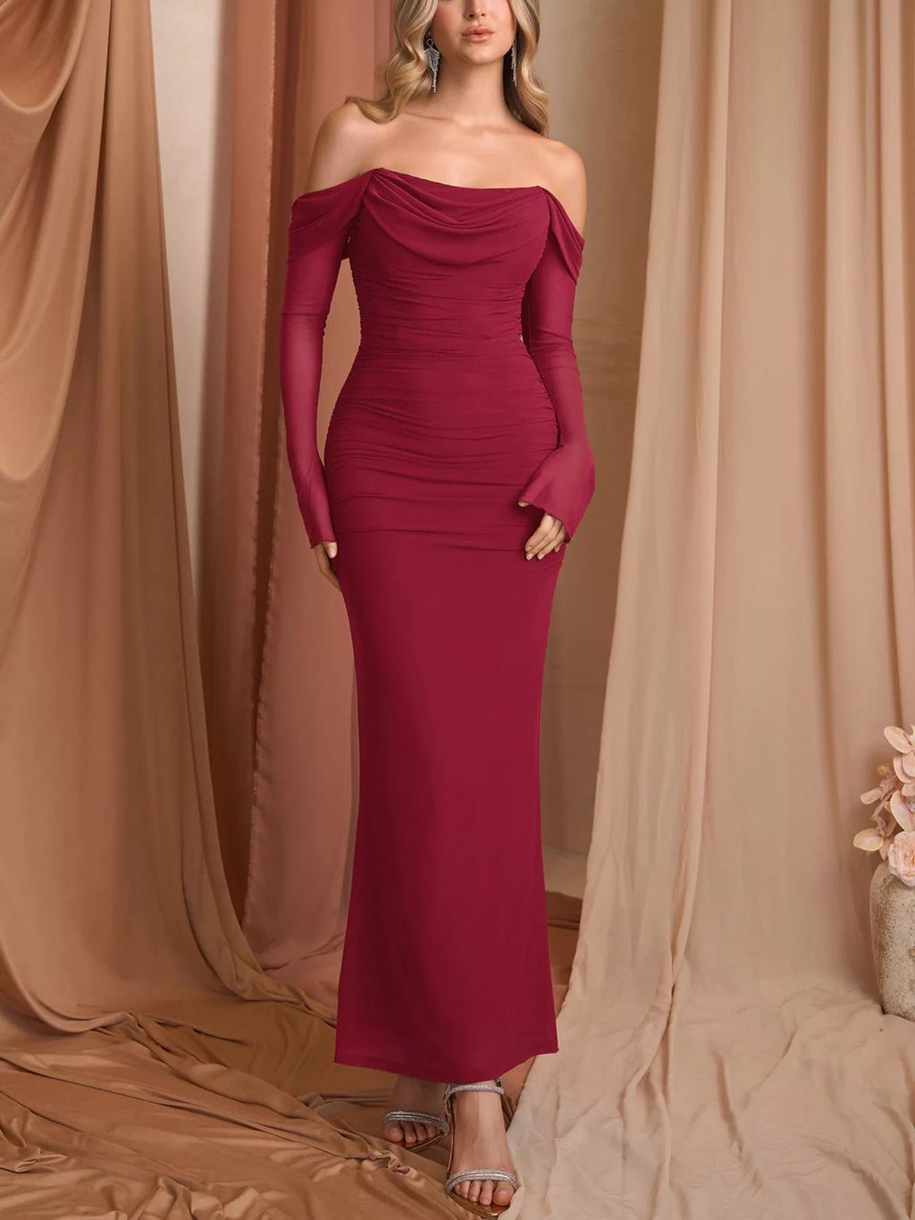 Off-Shoulder Ruched Mermaid Maxi Dress - Lara Moda