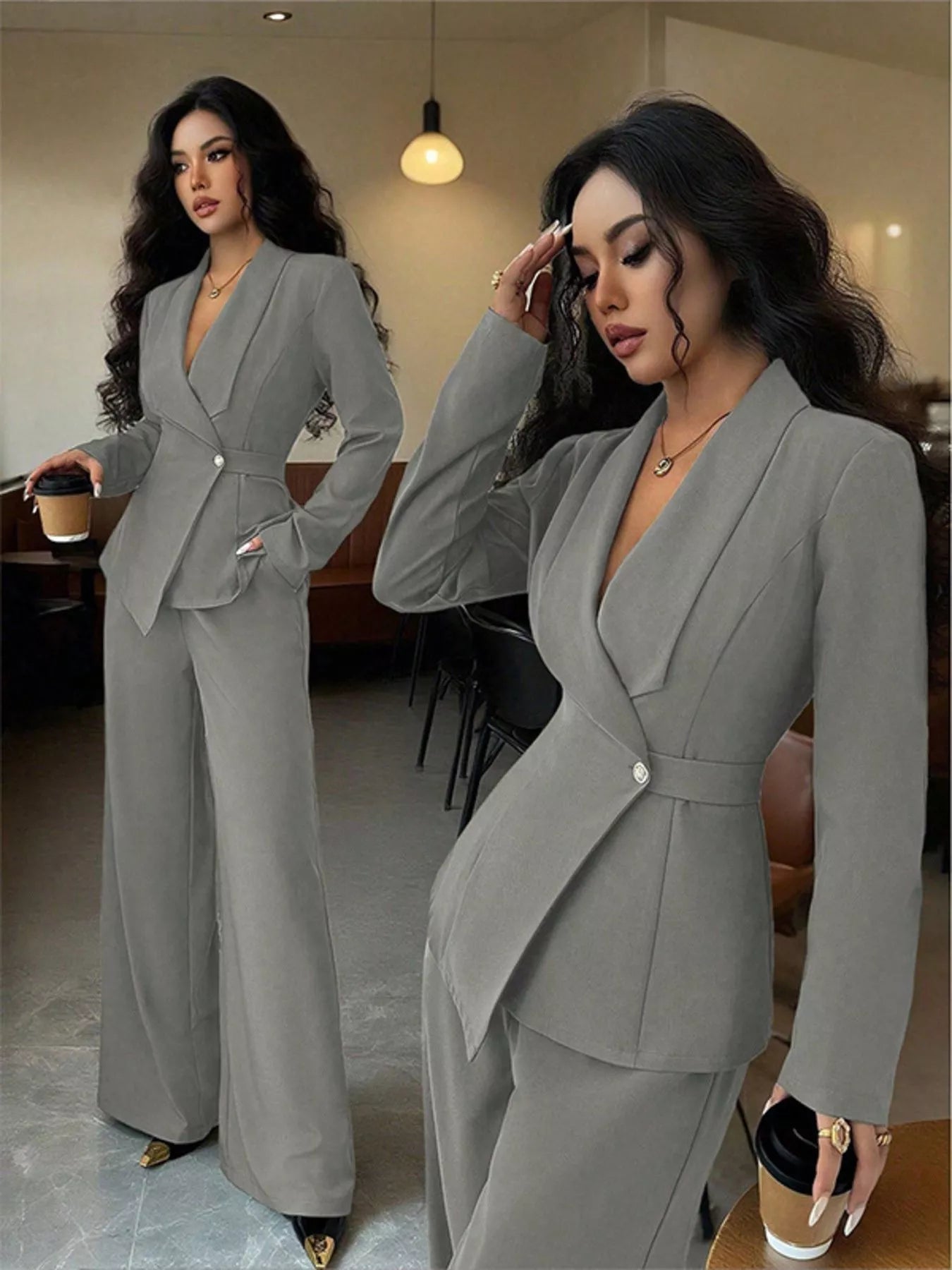 One Button Blazer and Pants Set - Lara Moda