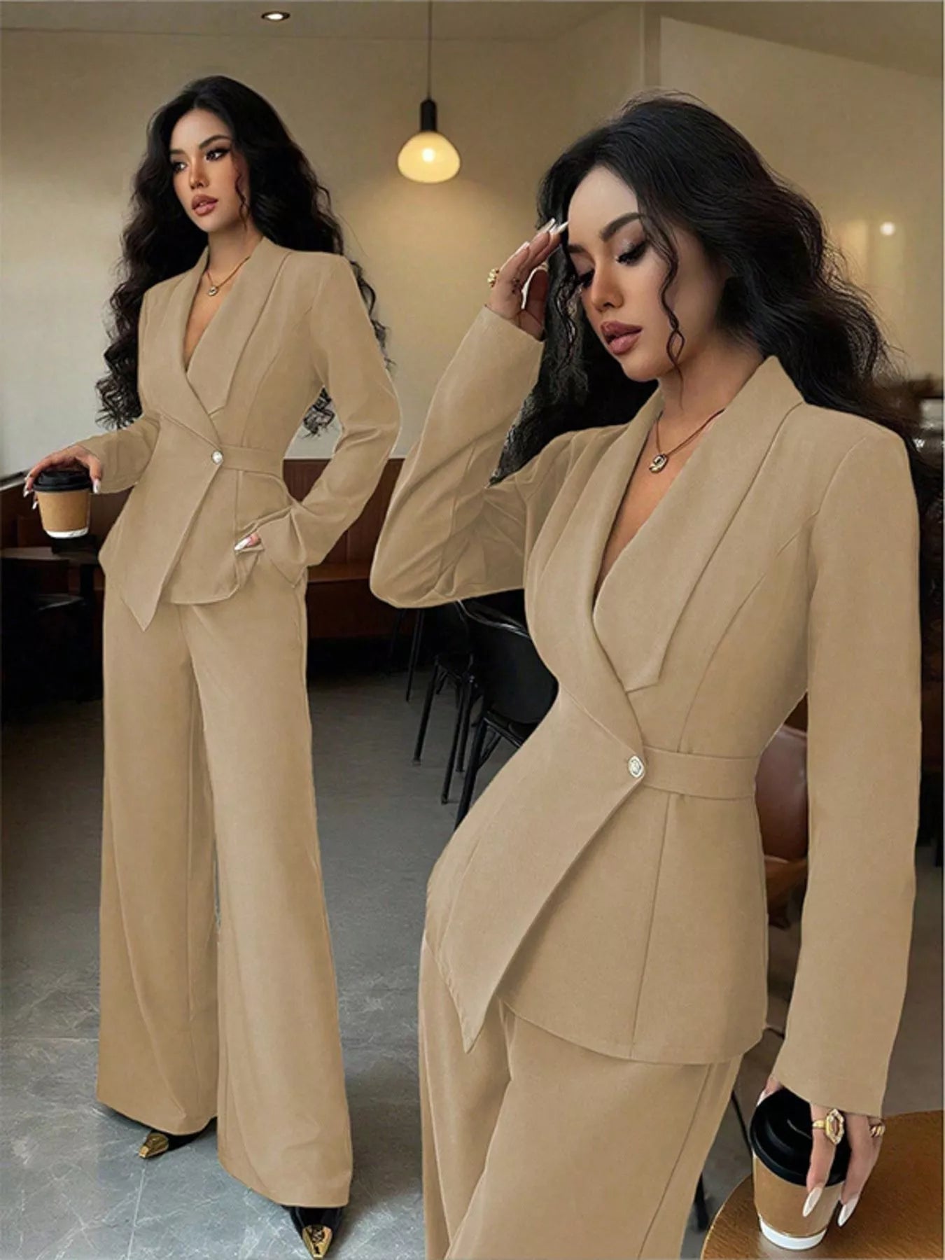 One Button Blazer and Pants Set - Lara Moda