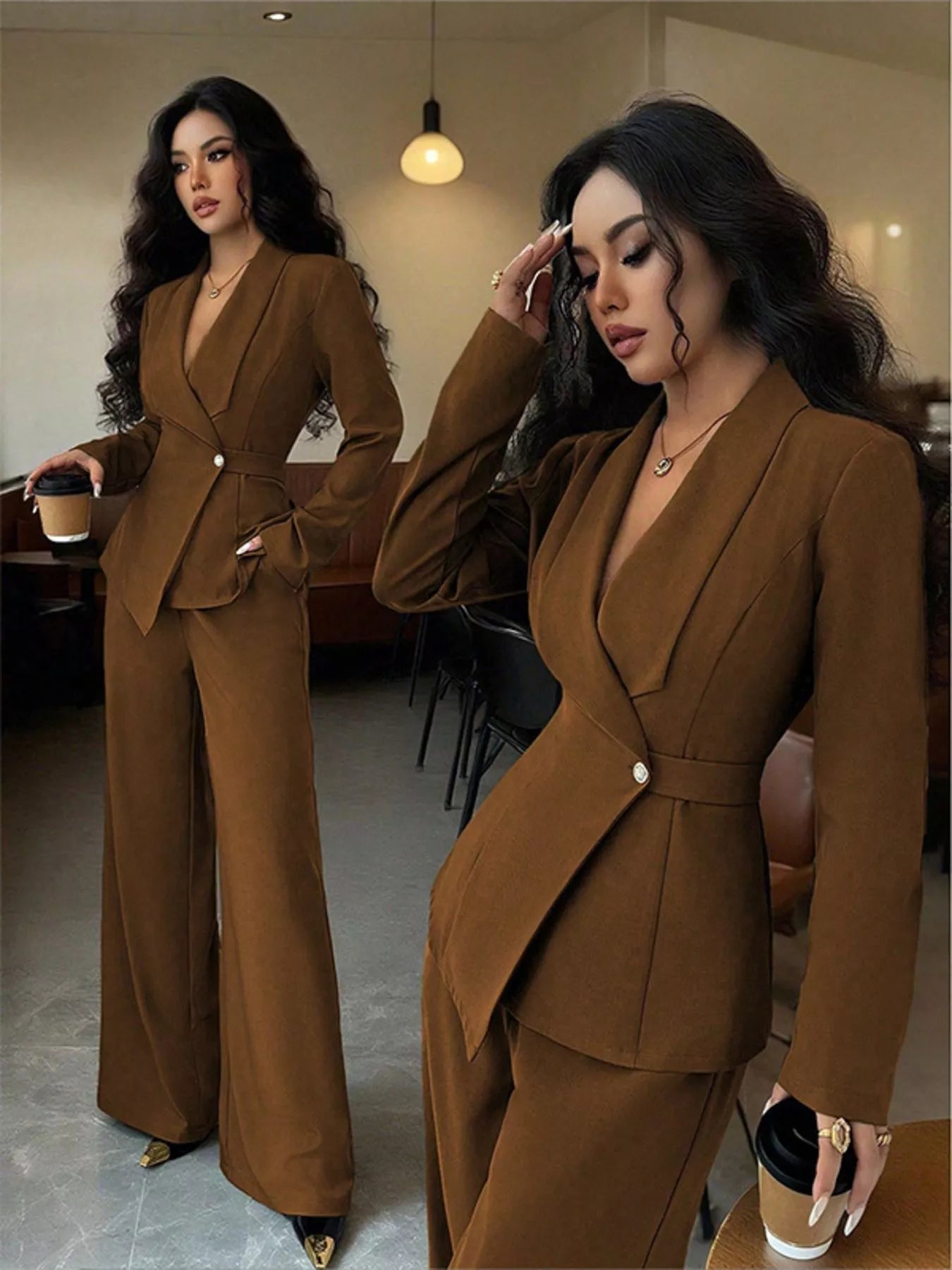 One Button Blazer and Pants Set - Lara Moda