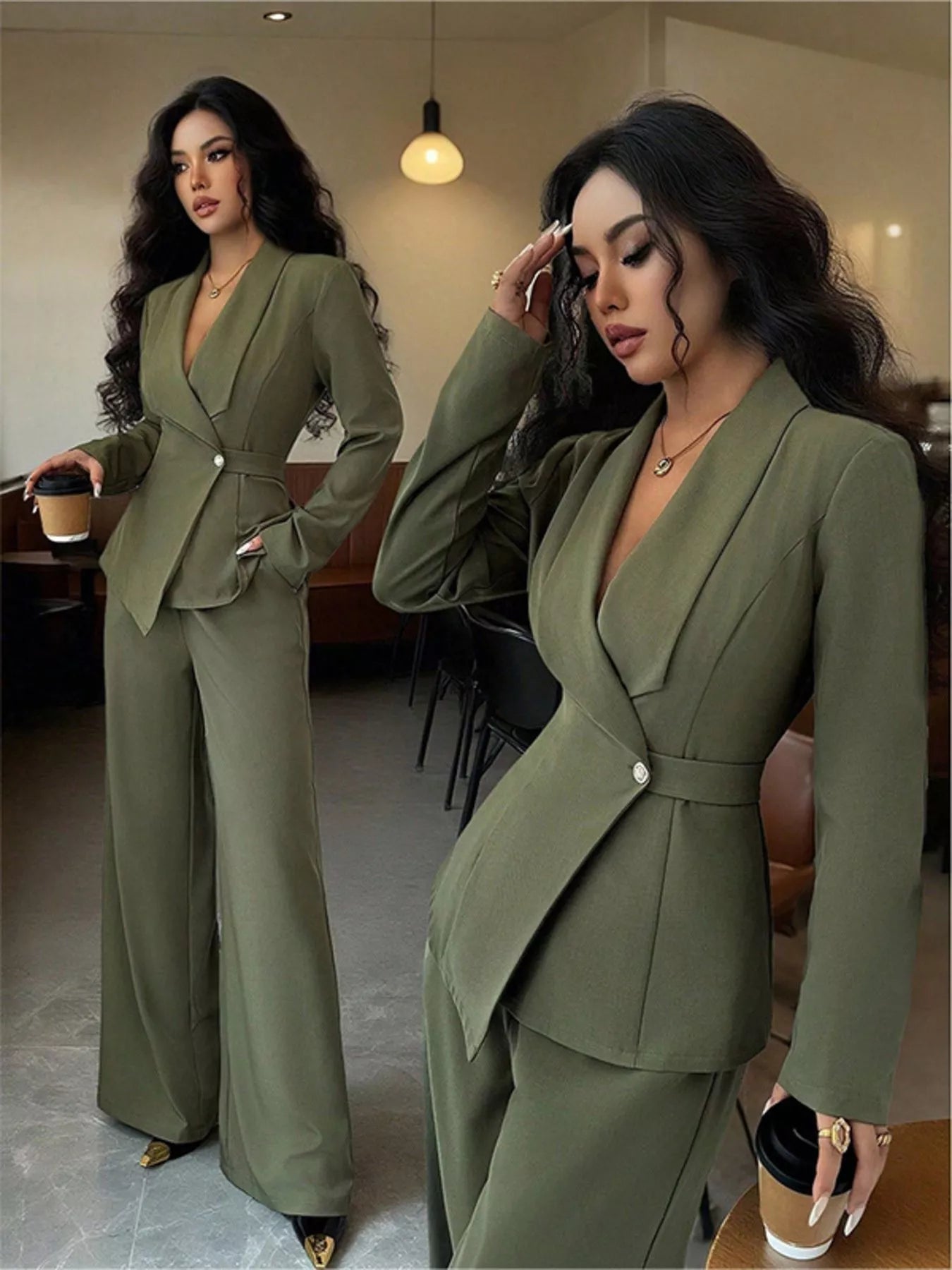 One Button Blazer and Pants Set - Lara Moda