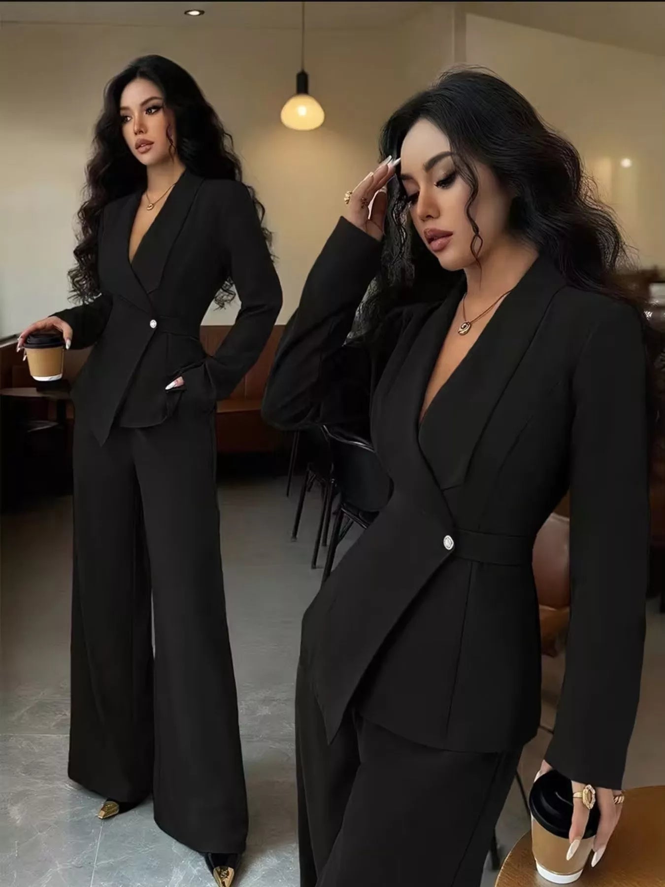 One Button Blazer and Pants Set - Lara Moda