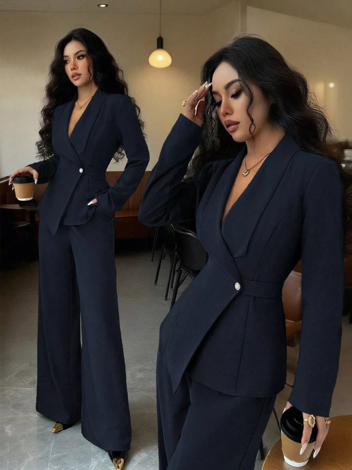 One Button Blazer and Pants Set - Lara Moda