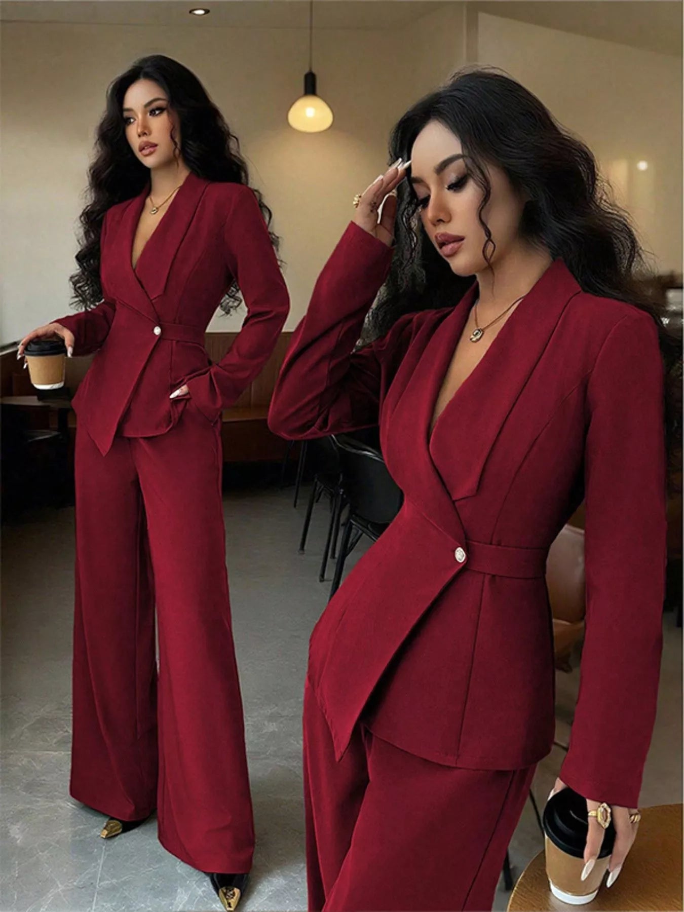 One Button Blazer and Pants Set - Lara Moda