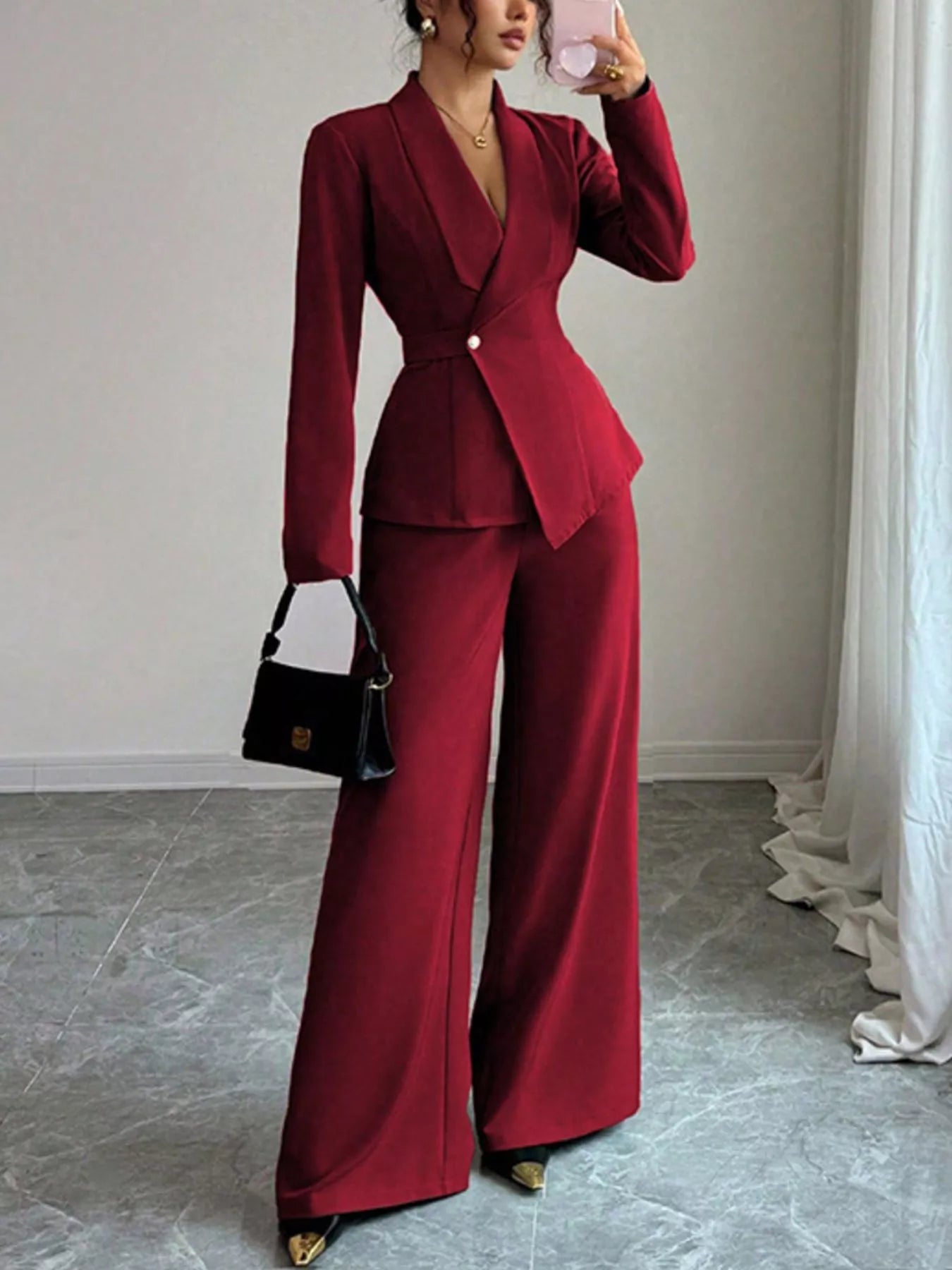 One Button Blazer and Pants Set - Lara Moda