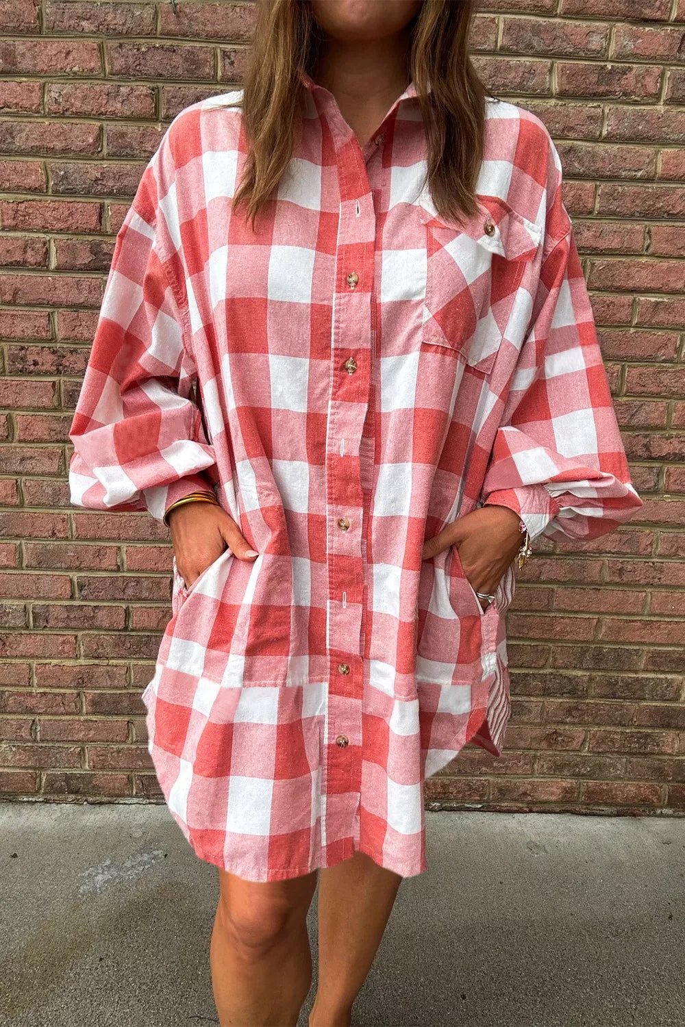 Oversized Plaid Button-Down Shirt Dress - Lara Moda