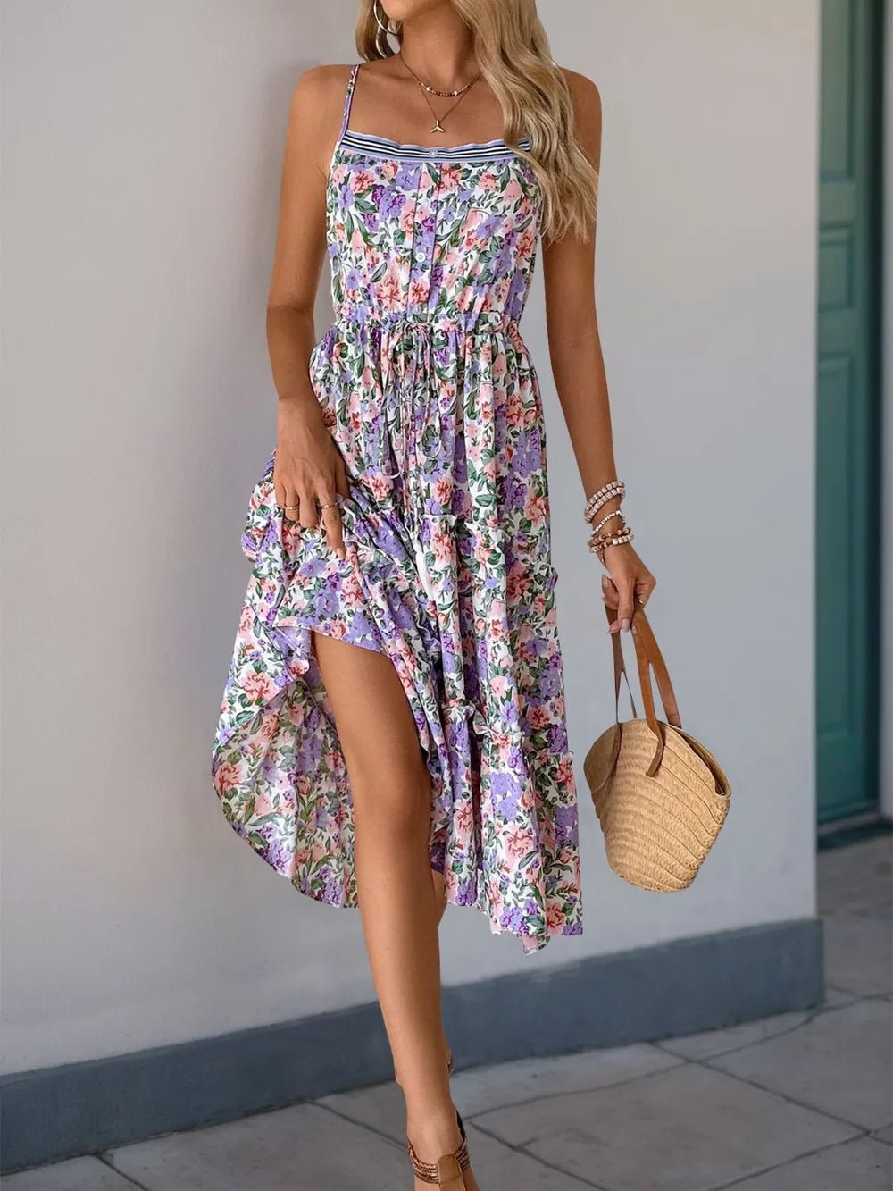 Perfee Decor Button Printed Sleeveless Tiered Midi Dress - Lara Moda