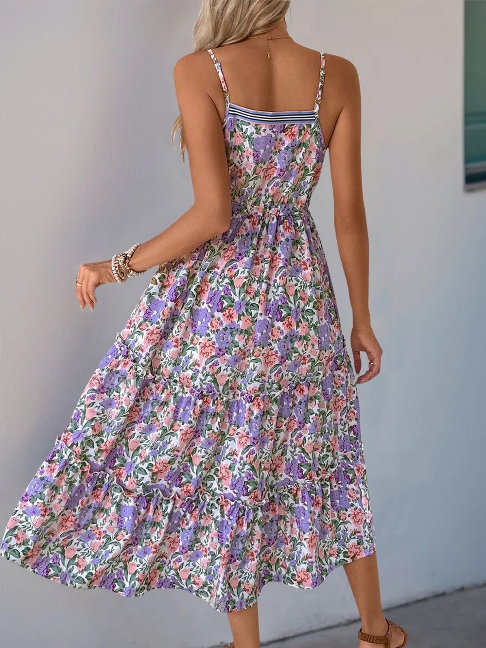 Perfee Decor Button Printed Sleeveless Tiered Midi Dress - Lara Moda