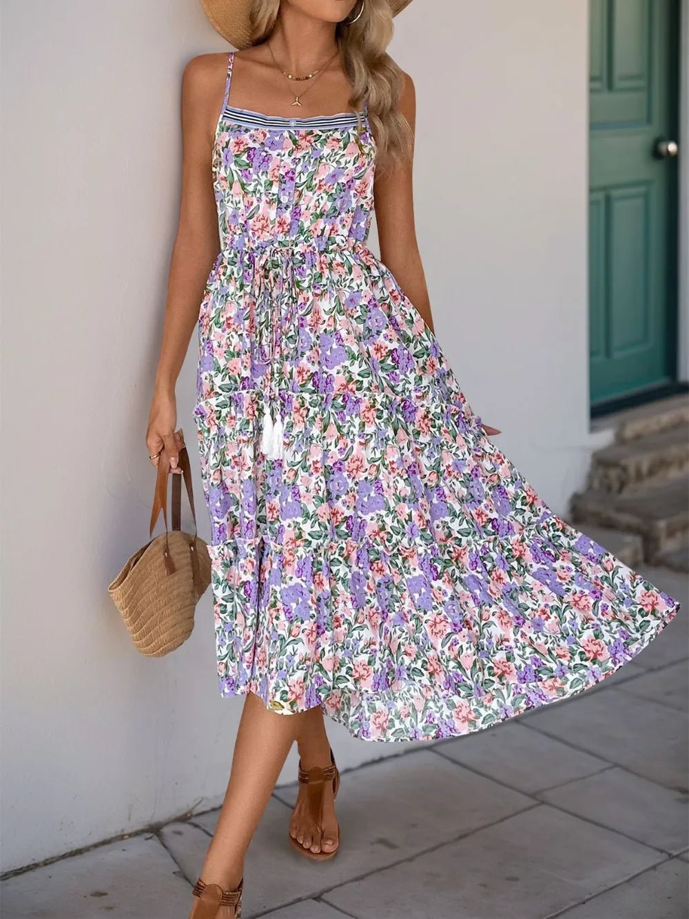 Perfee Decor Button Printed Sleeveless Tiered Midi Dress - Lara Moda