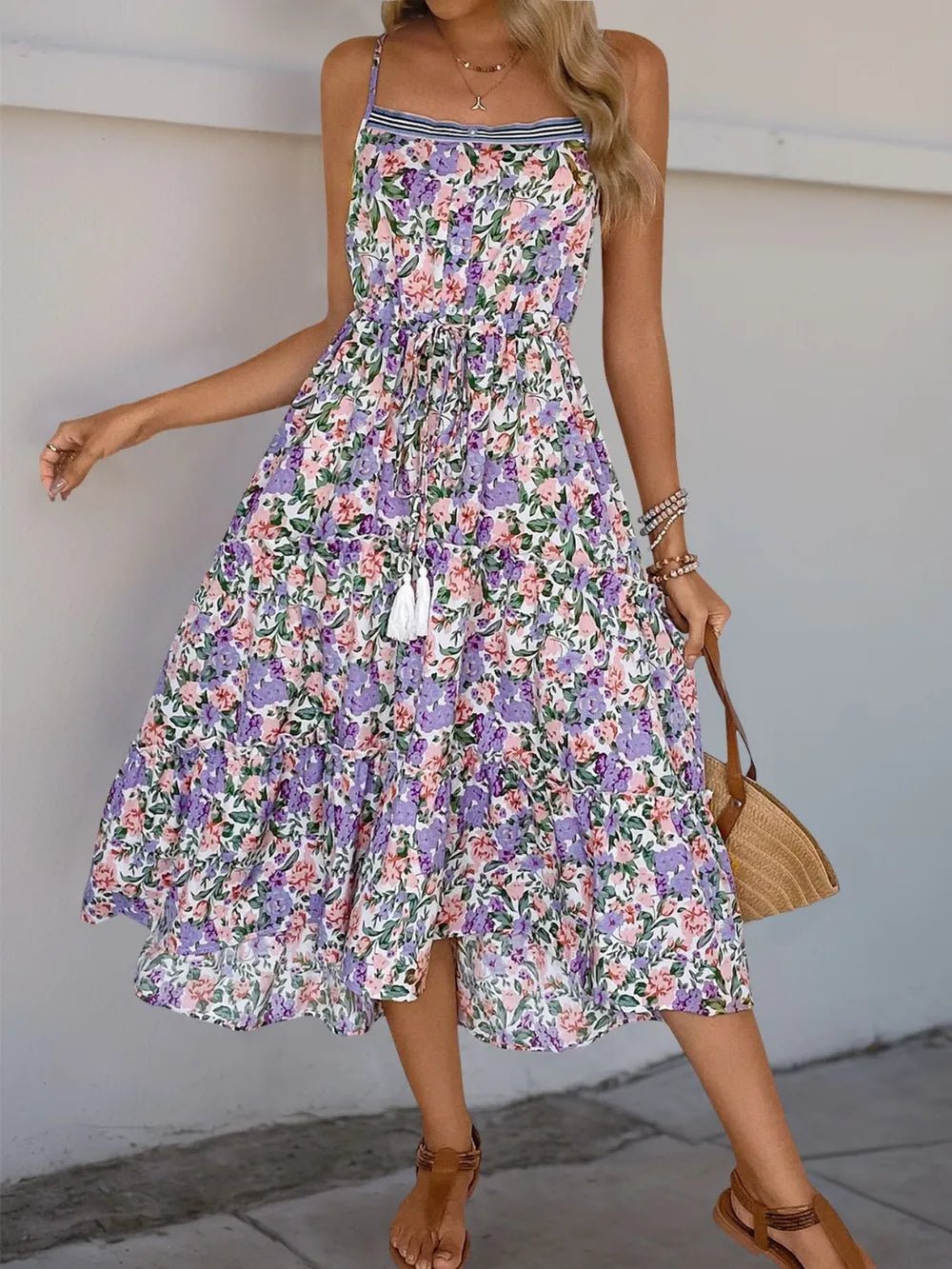 Perfee Decor Button Printed Sleeveless Tiered Midi Dress - Lara Moda