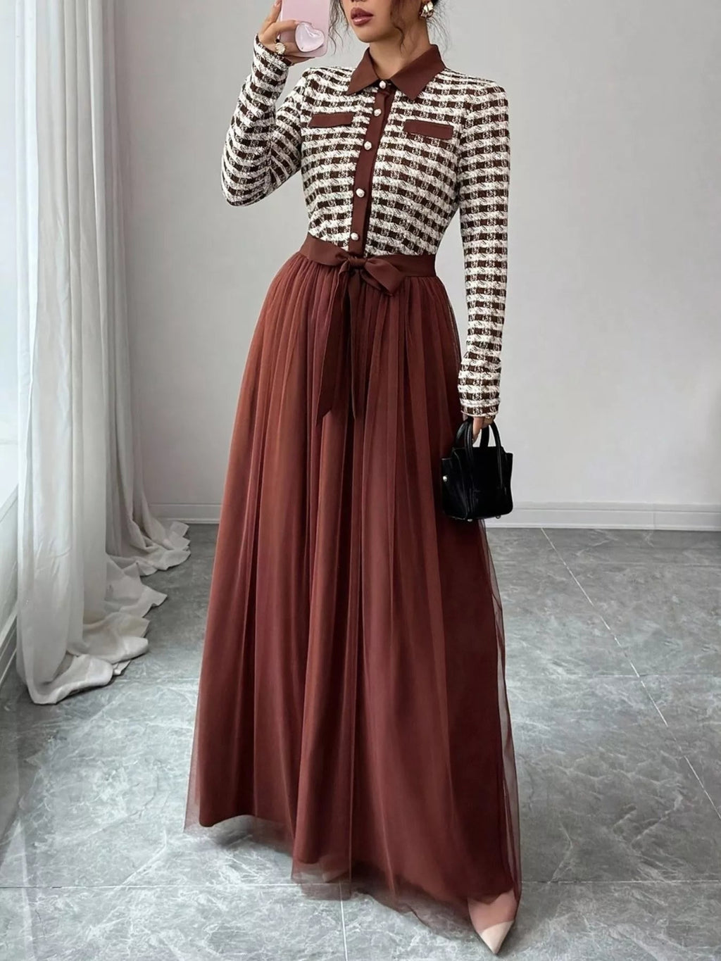 Plaid Long Sleeve Tulle Maxi Dress - Lara Moda