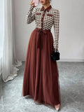 Plaid Long Sleeve Tulle Maxi Dress - Lara Moda