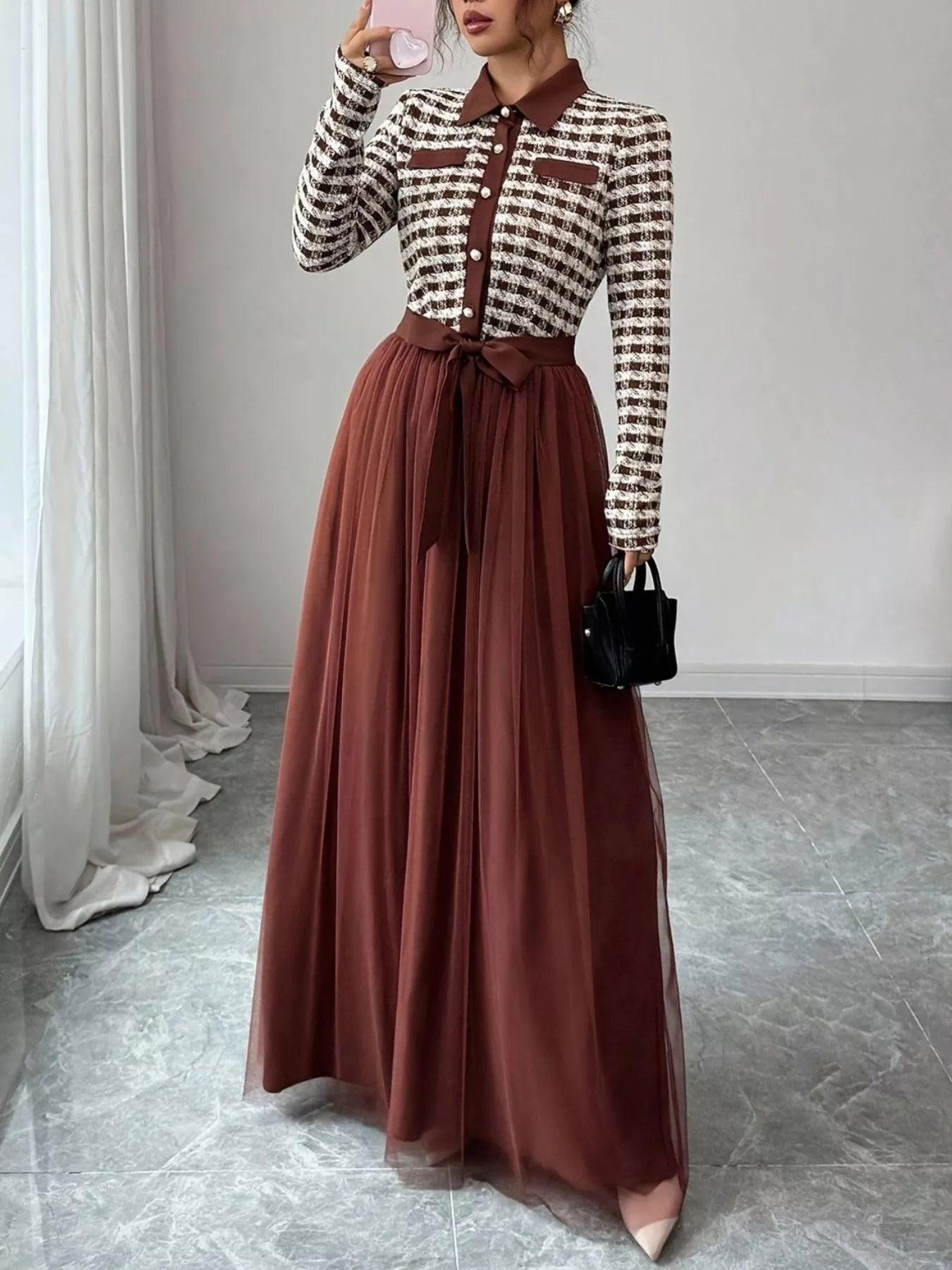Plaid Long Sleeve Tulle Maxi Dress - Lara Moda