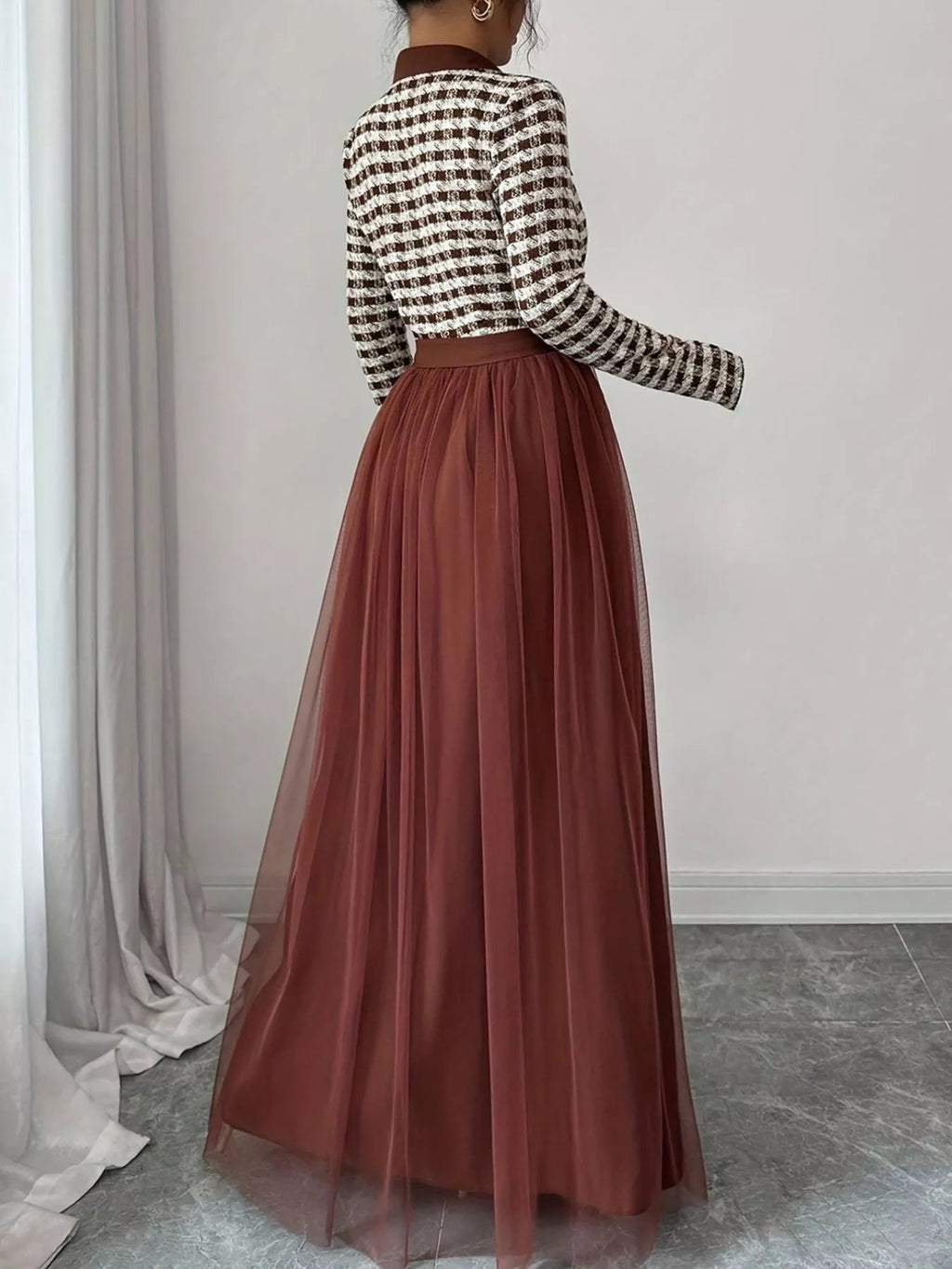 Plaid Long Sleeve Tulle Maxi Dress - Lara Moda