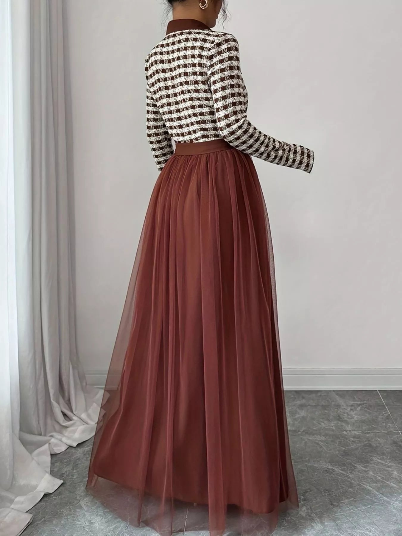 Plaid Long Sleeve Tulle Maxi Dress - Lara Moda