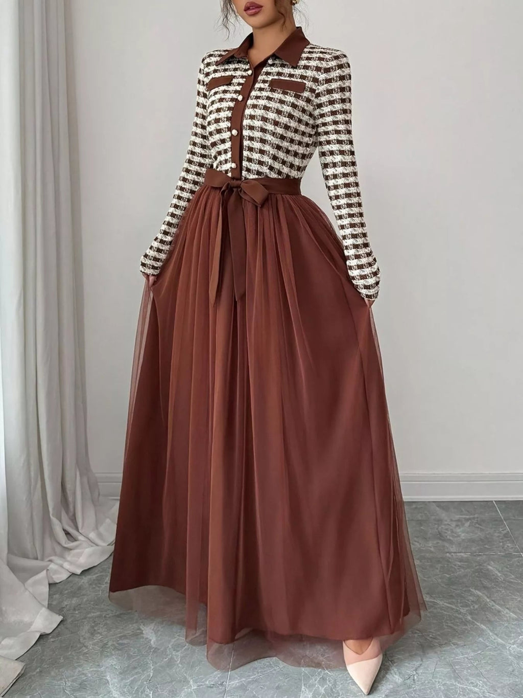 Plaid Long Sleeve Tulle Maxi Dress - Lara Moda