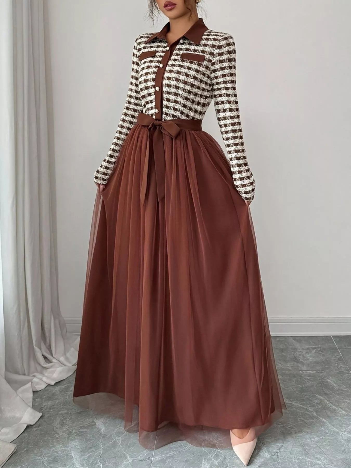Plaid Long Sleeve Tulle Maxi Dress - Lara Moda