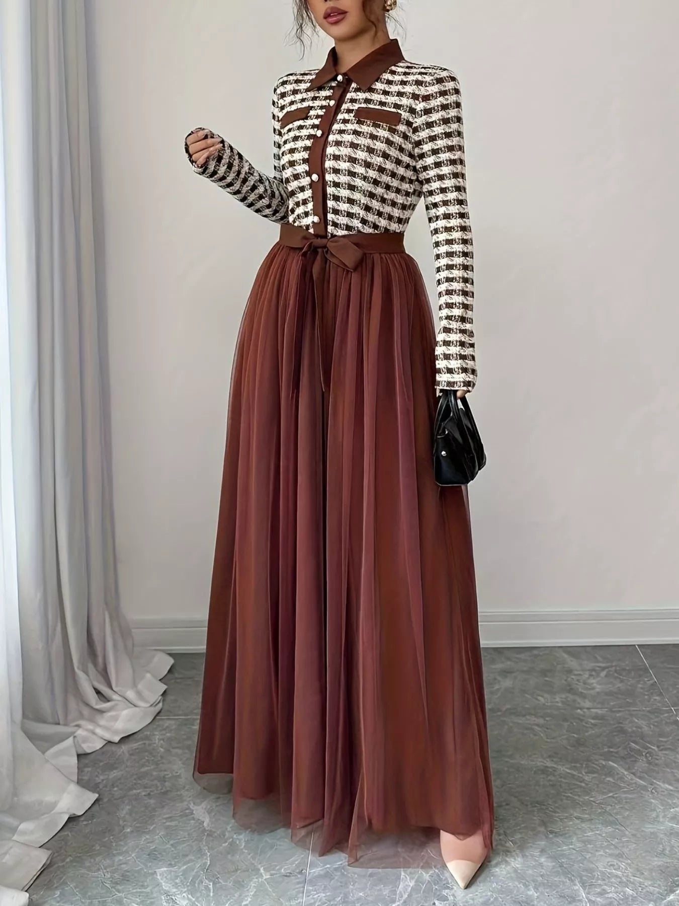 Plaid Long Sleeve Tulle Maxi Dress - Lara Moda