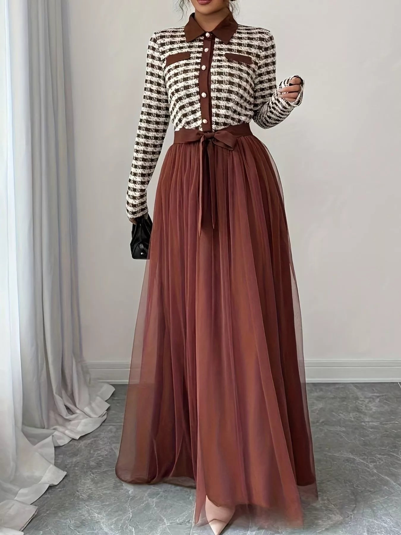 Plaid Long Sleeve Tulle Maxi Dress - Lara Moda