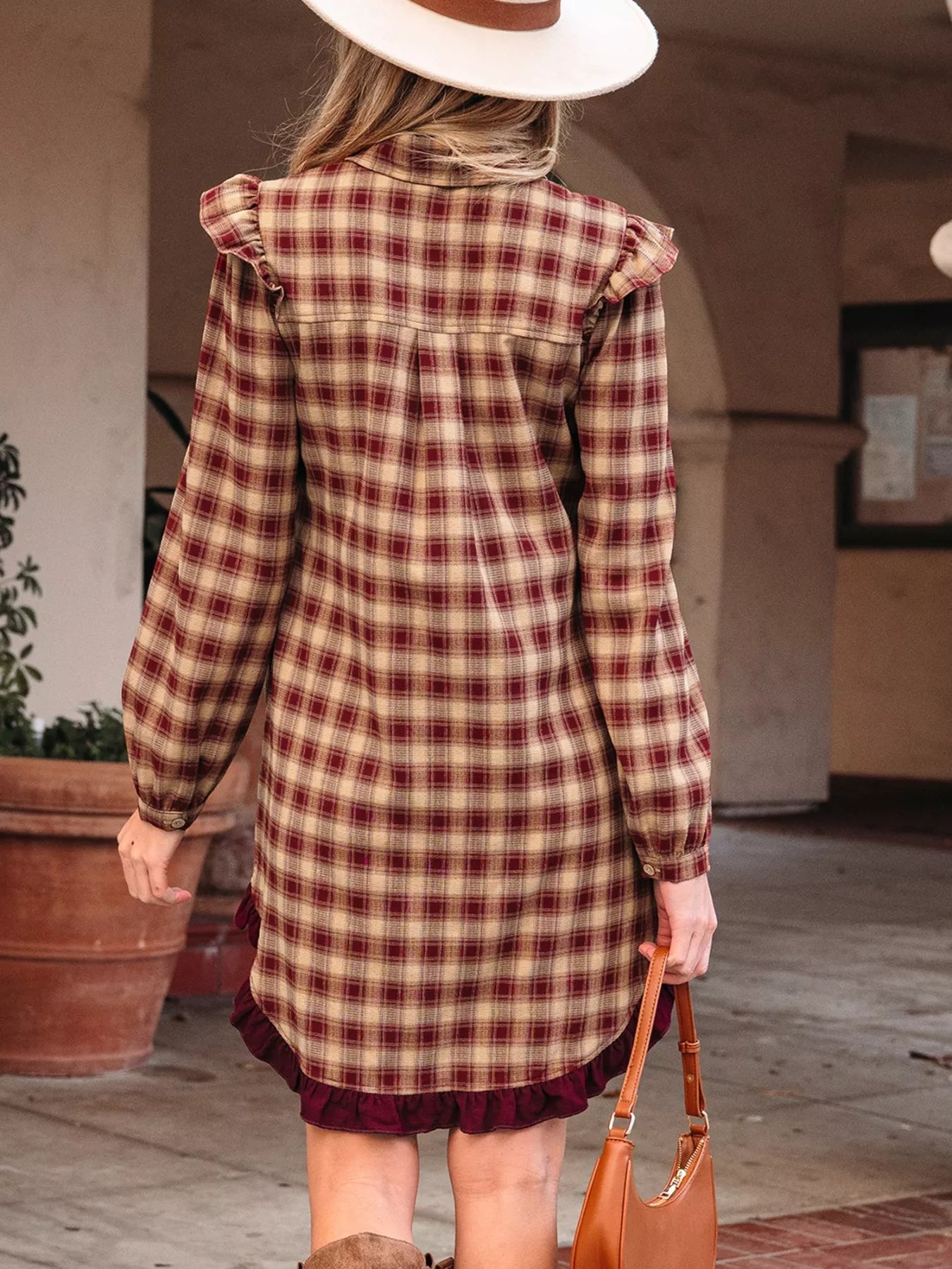 Plaid Print Ruffled Long Sleeve Patchwork Hem Mini Shirt Dress - Lara Moda