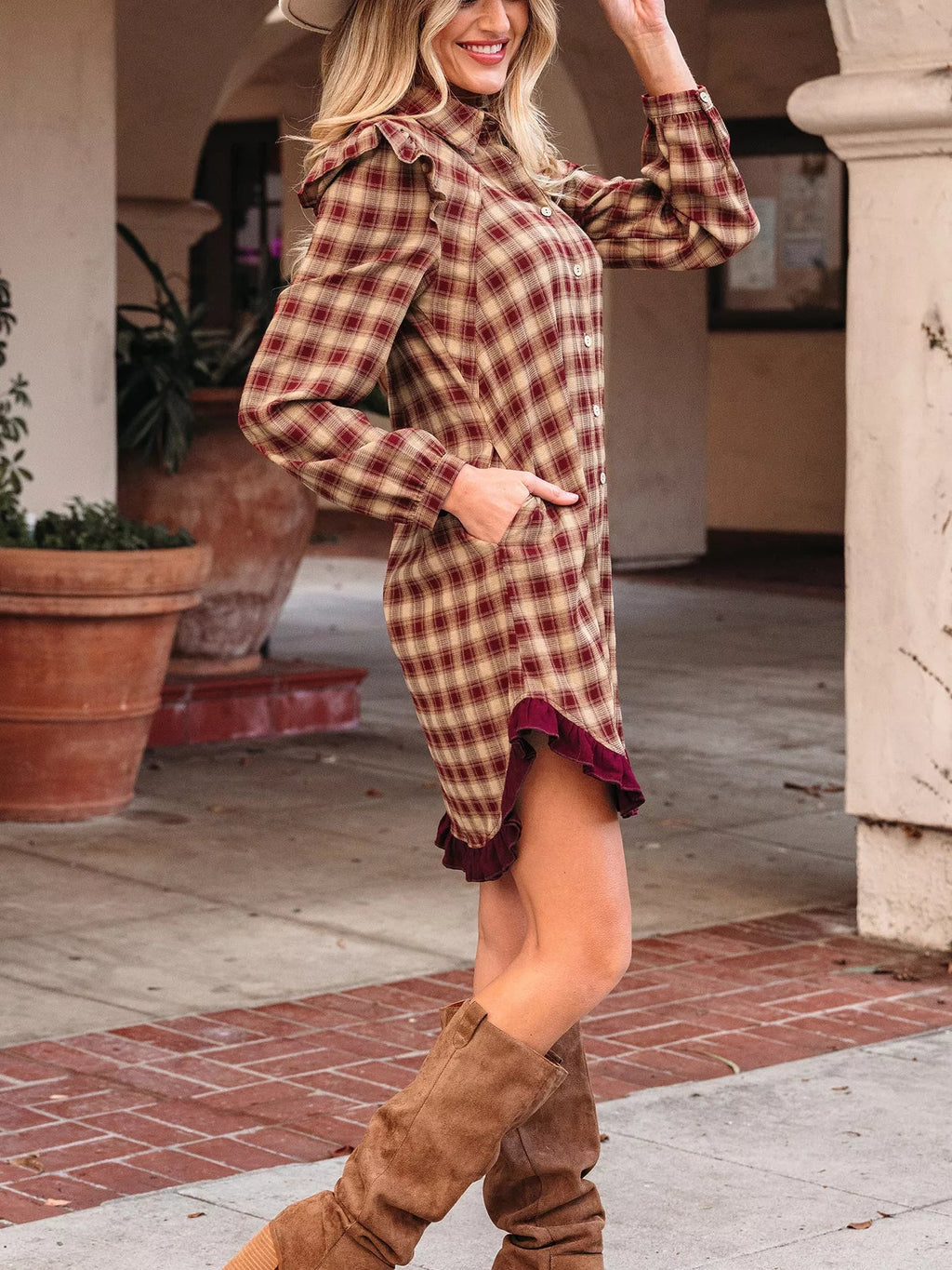 Plaid Print Ruffled Long Sleeve Patchwork Hem Mini Shirt Dress - Lara Moda