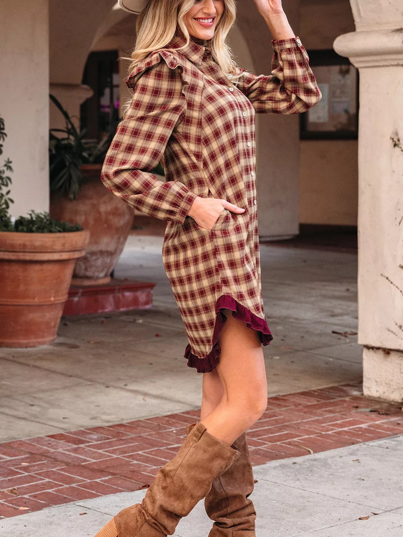 Plaid Print Ruffled Long Sleeve Patchwork Hem Mini Shirt Dress - Lara Moda