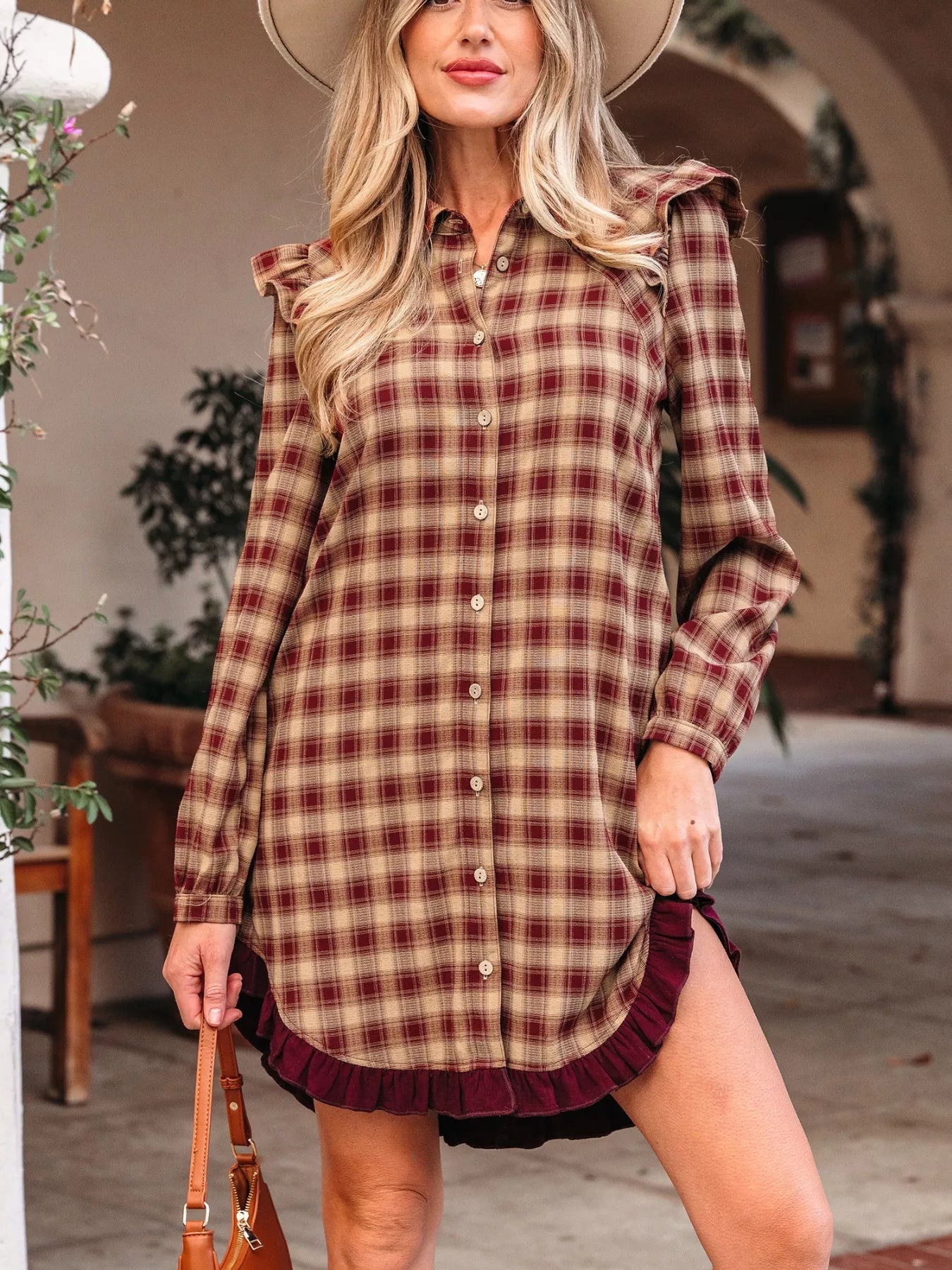 Plaid Print Ruffled Long Sleeve Patchwork Hem Mini Shirt Dress - Lara Moda