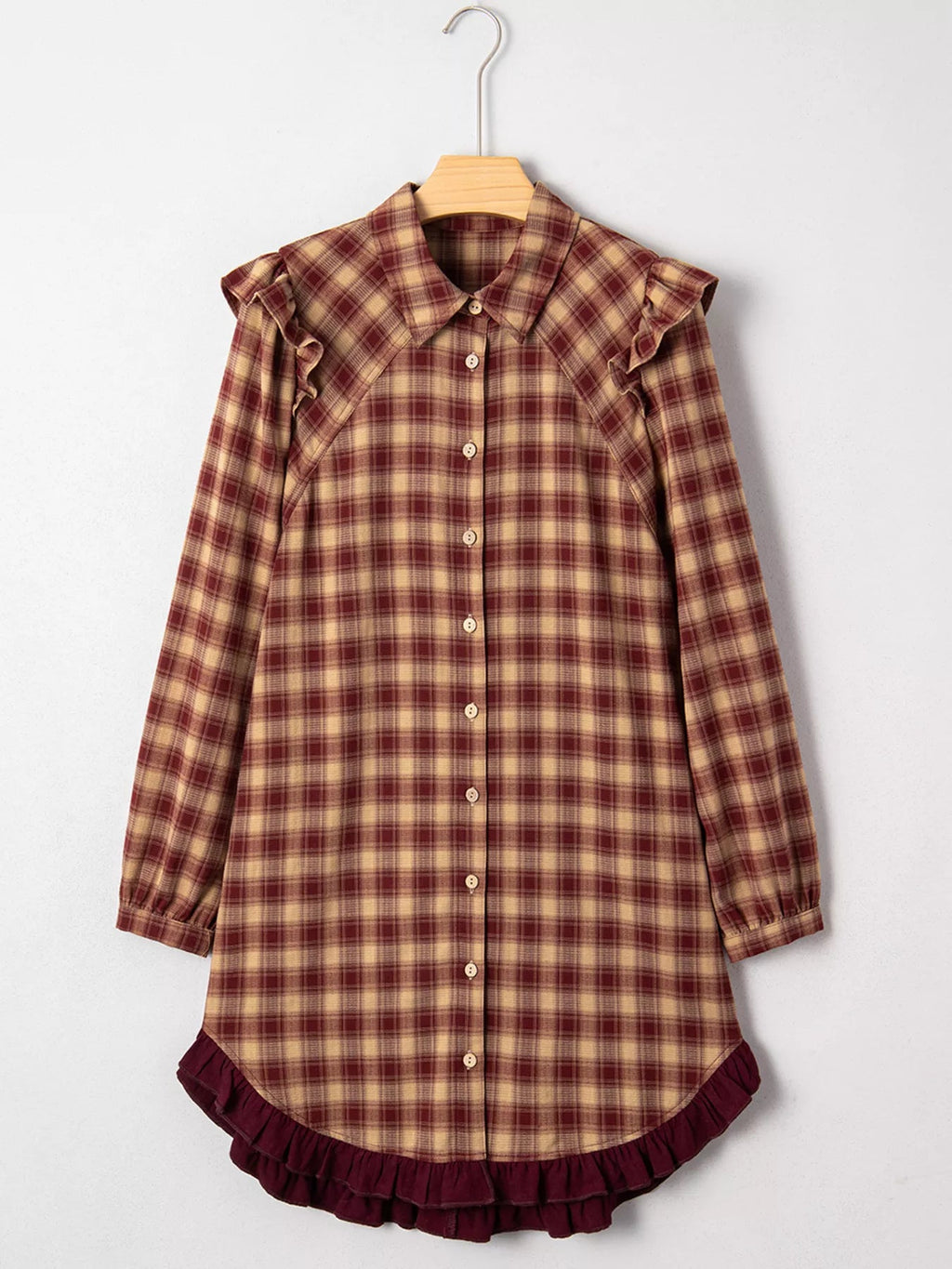 Plaid Print Ruffled Long Sleeve Patchwork Hem Mini Shirt Dress - Lara Moda