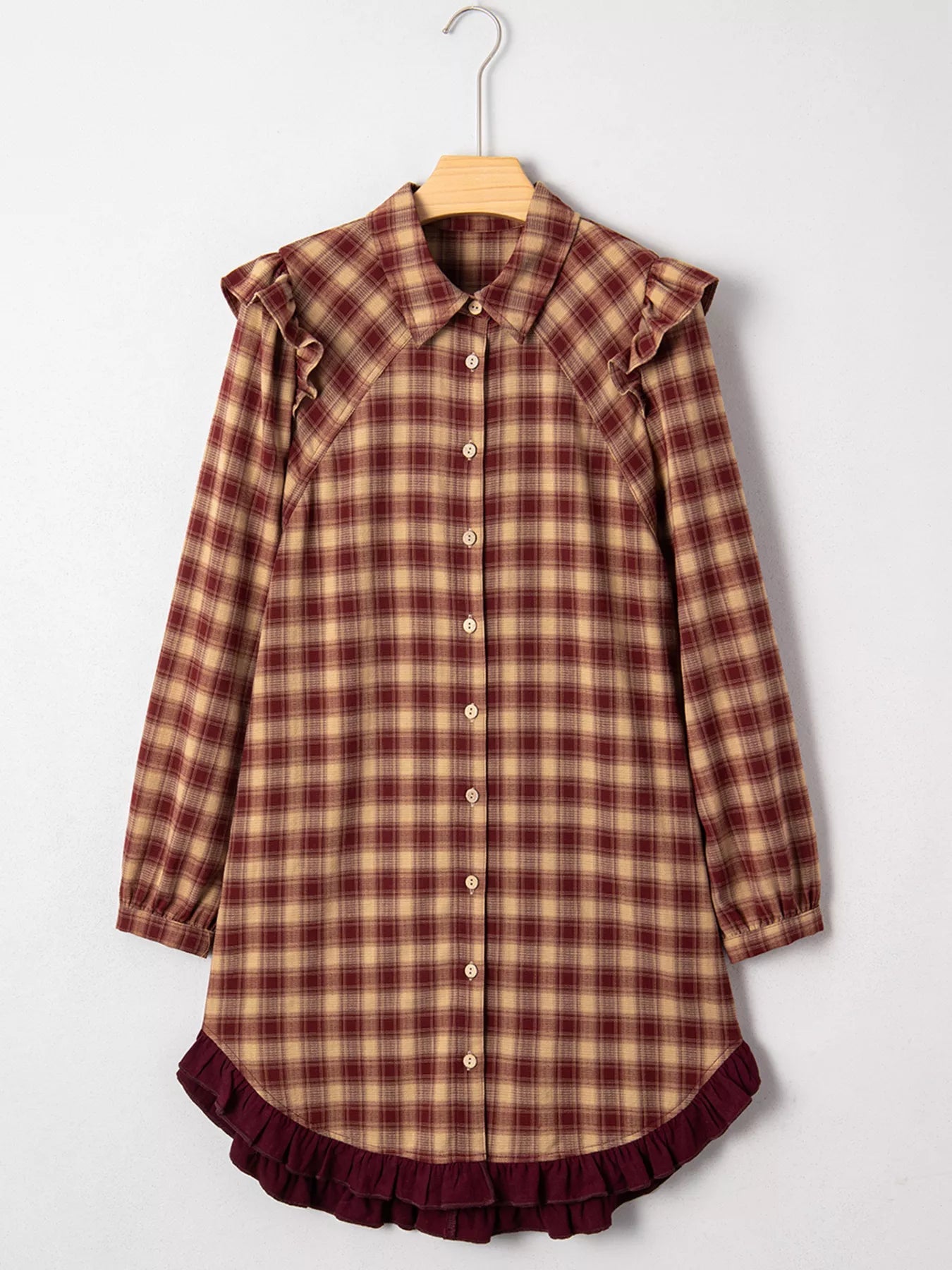 Plaid Print Ruffled Long Sleeve Patchwork Hem Mini Shirt Dress - Lara Moda